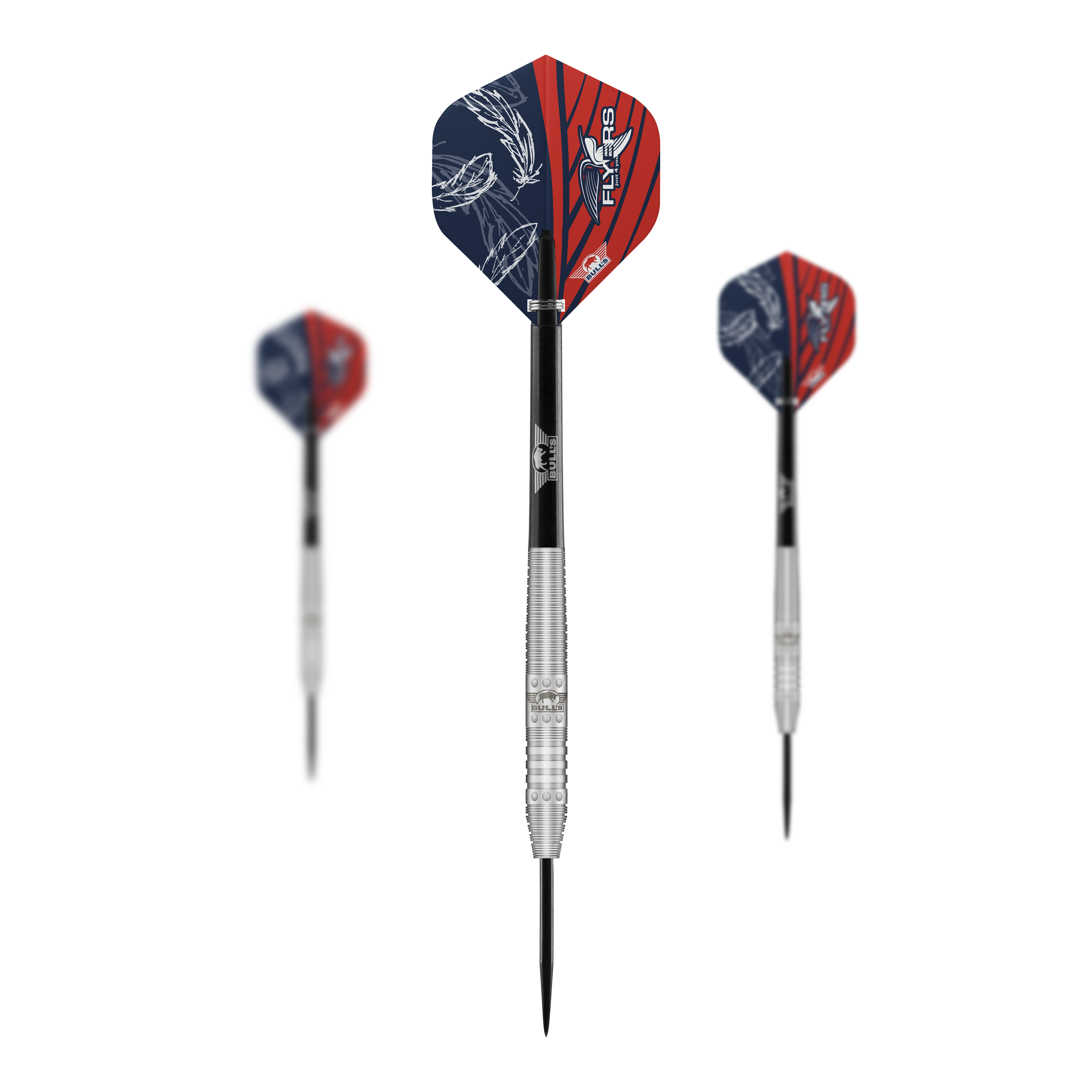 Bulls NL Richard Veenstra 80 fléchettes en acier - 23g Das Bild zeigt drei Steeldarts des Modells "Bulls NL Richard Veenstra 80" mit 23g Gewicht. Die Flights sind rot-blau gestaltet und auf dem mittleren Dart ist das Logo gut zu erkennen.