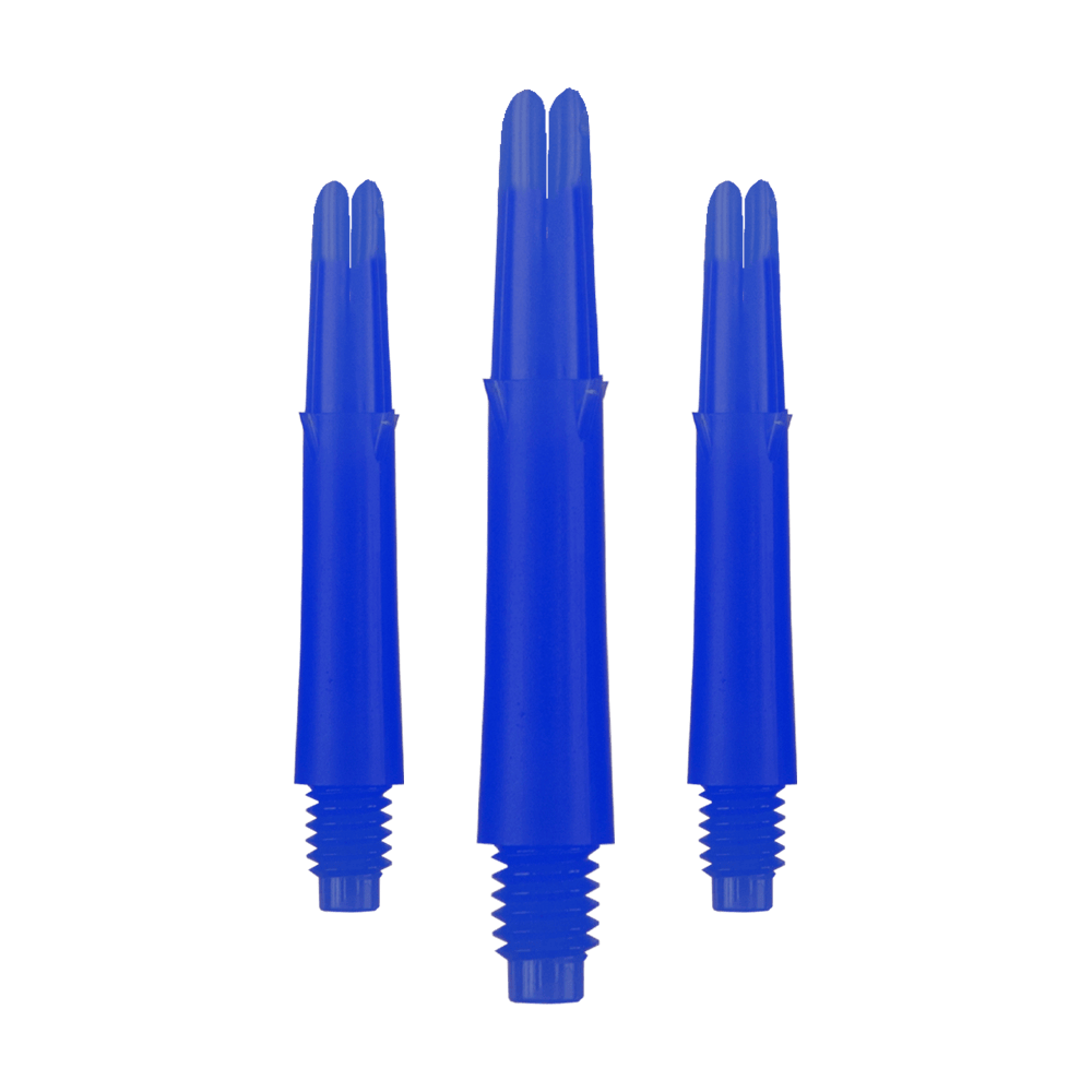 Arbres en L verrouillés droits - Bleus Auf dem Bild sind drei blaue Dartschäfte in unterschiedlicher Höhe zu sehen. Sie haben ein gerades Design und ein Gewinde am unteren Ende.