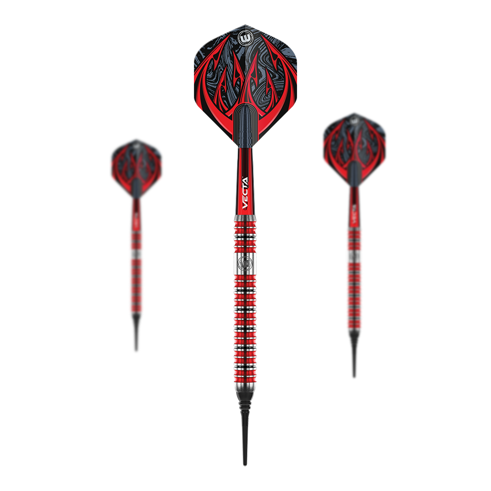 Fléchettes souples Winmau Diablo Parallel - 20 g Das Bild zeigt drei Winmau Diablo Parallel Softdarts mit einem Gewicht von 20 Gramm. Die Darts haben ein auffälliges rot-schwarzes Design mit silbernen Akzenten und Muster auf den Flights.