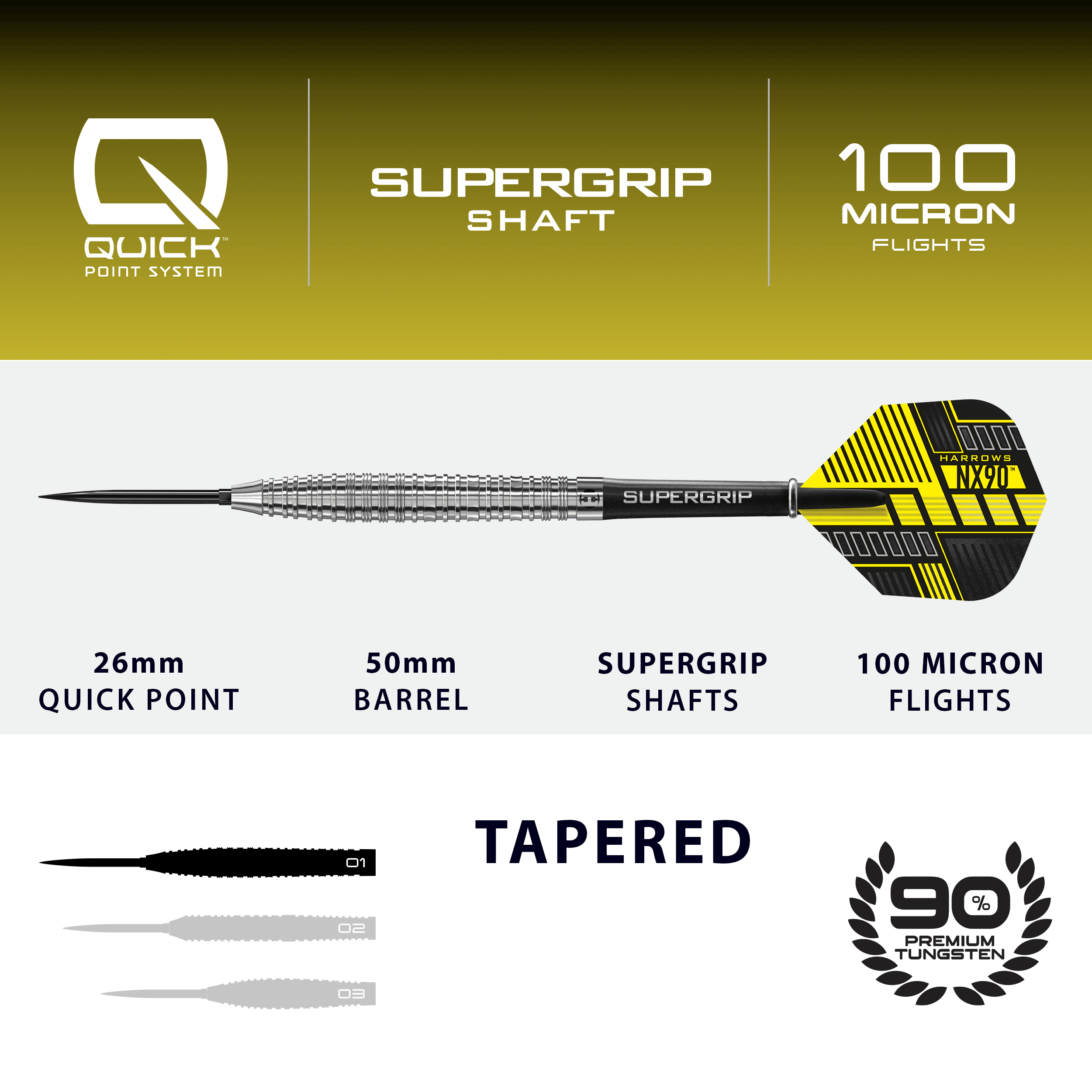 Zu sehen sind die Harrows NX90 Tapered Quick Point Steeldarts. Diese Darts sind konisch geformt und bieten optimalen Halt beim Wurf.