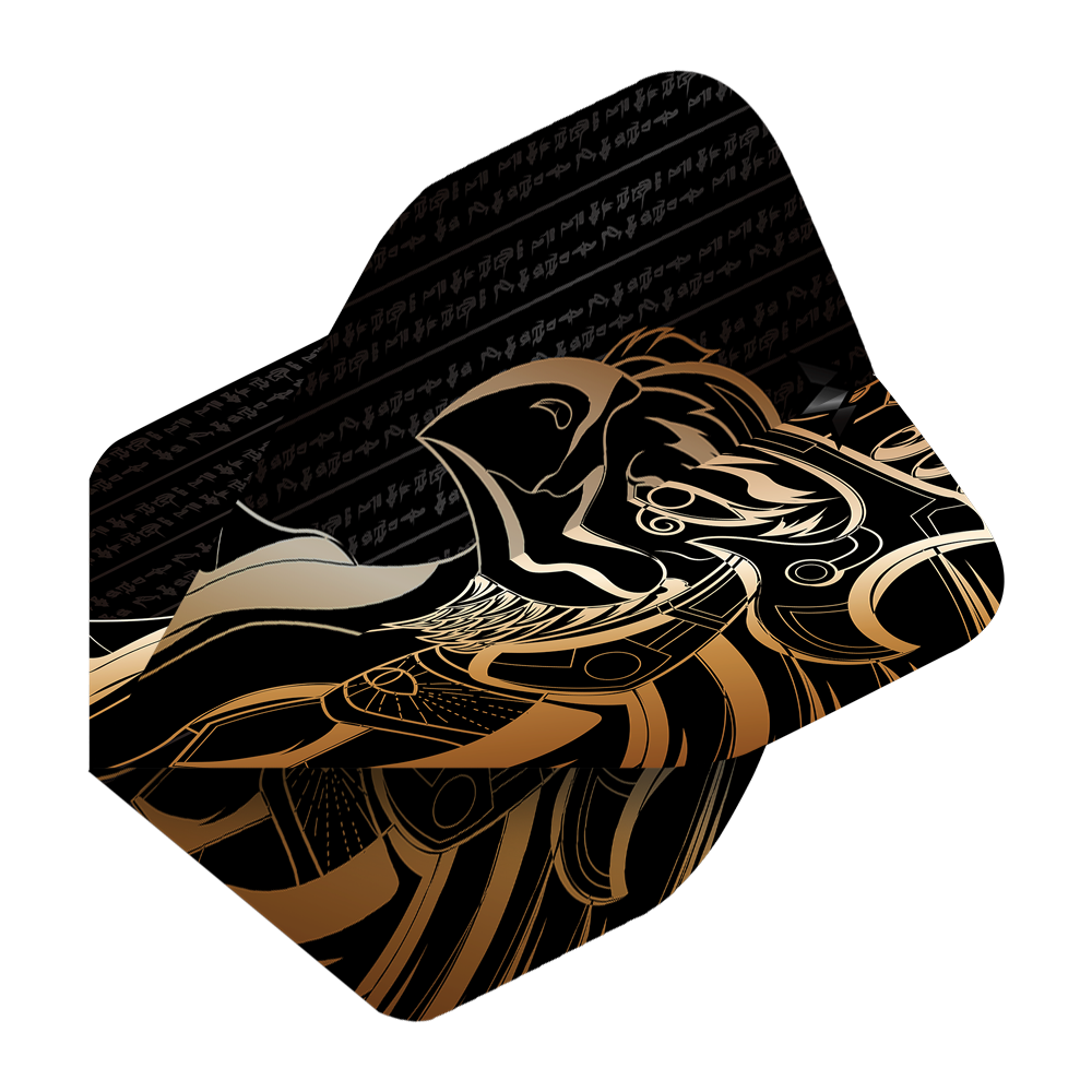 Mission Solo Horus No2 Vols Standard Das Bild zeigt das Produkt "Mission Solo Horus No2 Standard Flights". Das Design ist schwarz-gold mit einem stilisierten Horus-Motiv und ägyptischen Schriftzeichen.