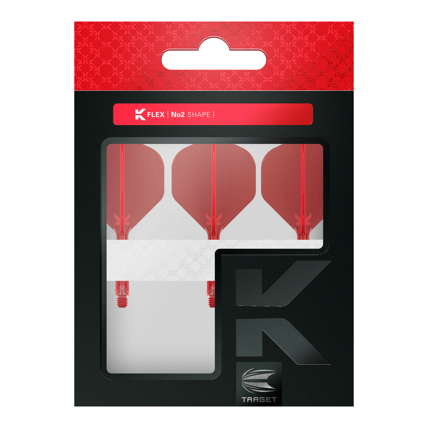 Système de vol standard Target K-Flex No2 - Rouge Die Abbildung zeigt eine Packung mit drei roten Dart-Flights von Target in der Form No2. Die Verpackung ist überwiegend schwarz mit einem roten oberen Abschnitt und einem Sichtfenster.