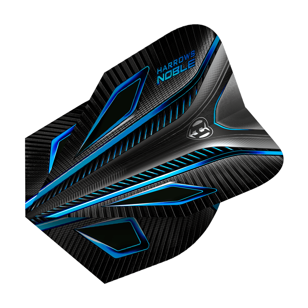 HR7_Harrows_Noble_Aqua_Standard_Flights_2 Das Bild zeigt die Harrows Noble Aqua Standard Flights, ein Zubehörteil für Dartpfeile. Sie sind schwarz mit blauen und silbernen Akzenten gestaltet und wirken sehr modern.