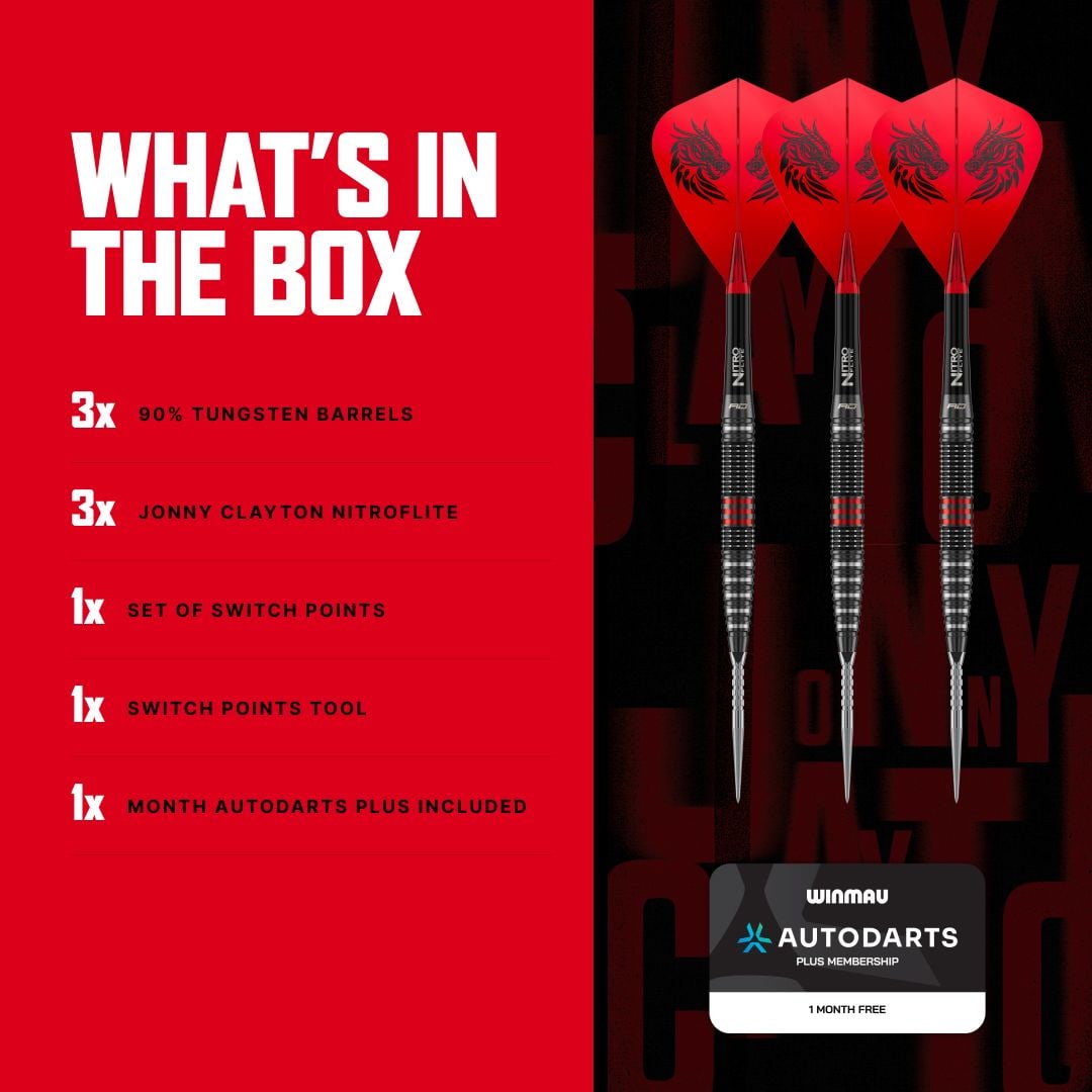 Fléchettes en acier Red Dragon Jonny Clayton RD-PRO Switch Point Die Aufnahme zeigt Red Dragon Jonny Clayton RD-PRO Switch Point Steeldarts aus einer anderen Perspektive. Die feine Struktur und Form der Darts ist erkennbar.