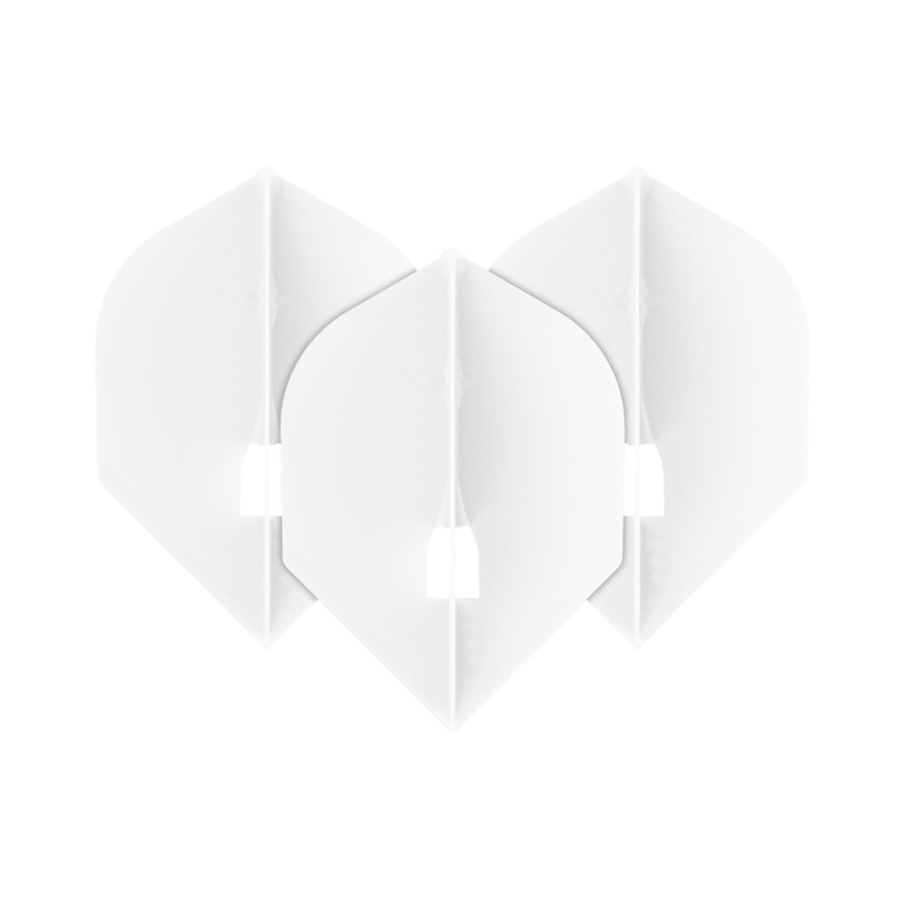 Das Bild zeigt drei weiße L-Style L5PRO Rocket Flights für Dartpfeile. Sie sind in einer überlappenden Formation angeordnet und haben eine moderne, kantige Form.