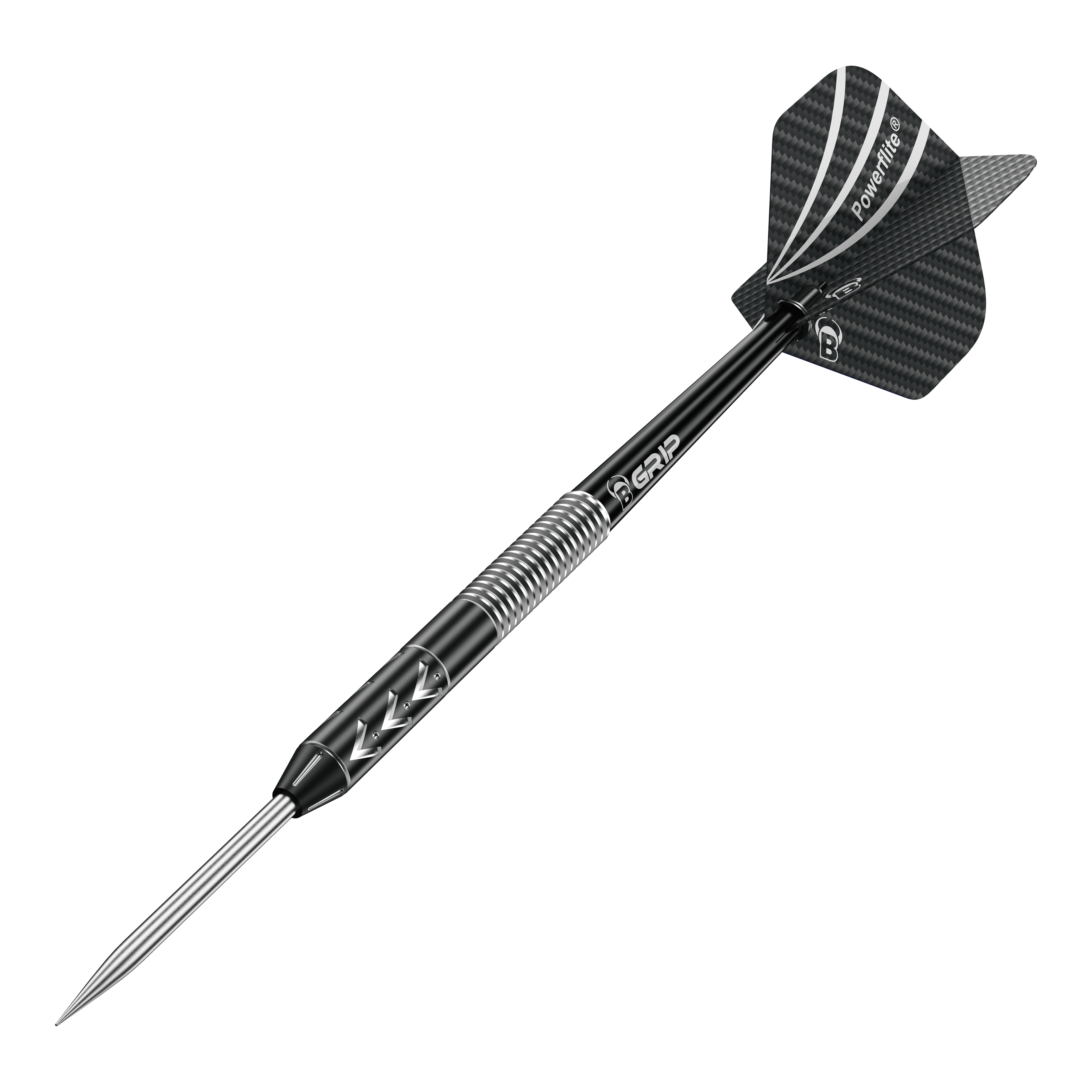 Fléchettes en acier Bulls Challenger Arno Merk - 22g Das Bild zeigt einen Bulls Challenger Arno Merk Steeldart mit einem Gewicht von 22g. Der Dart ist überwiegend schwarz mit einem silbernen Griffbereich und einer schwarzen Flight.
