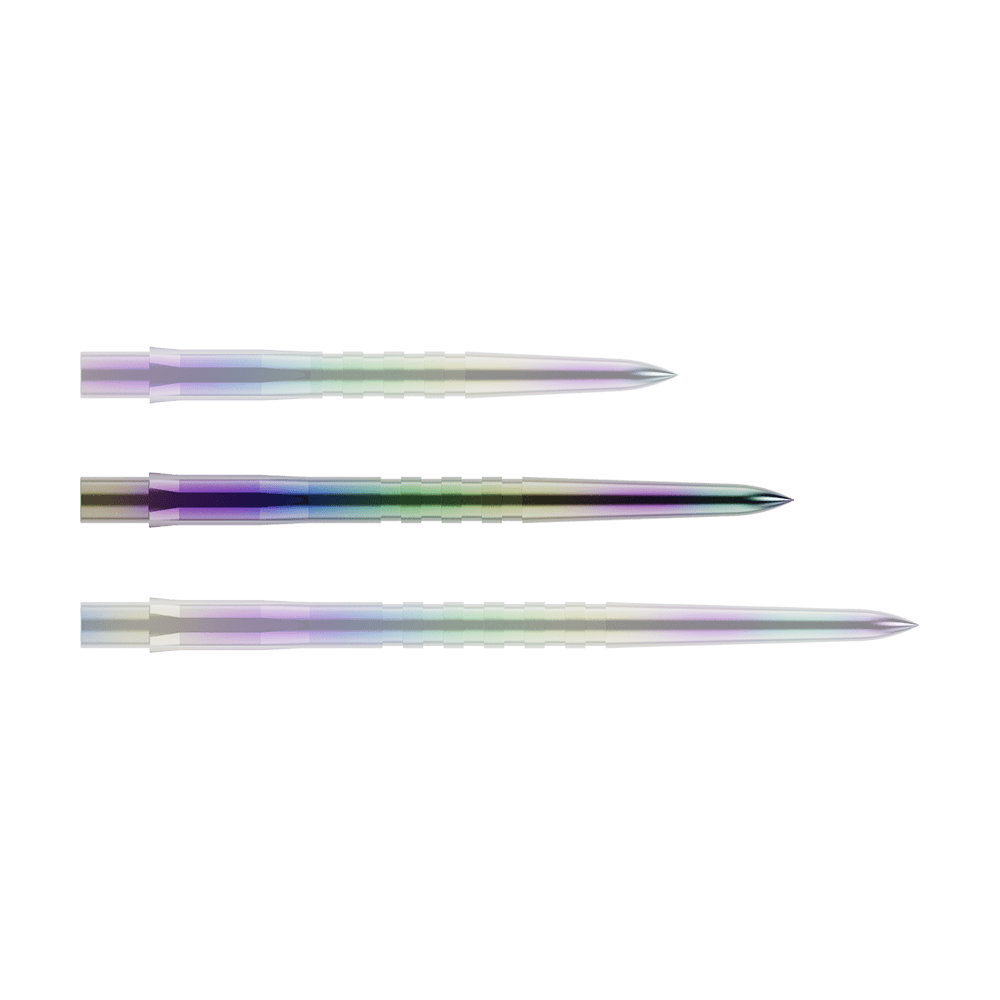 Embouts de fléchettes Mission Caliburn EVO - Rainurés - Corail Auf dem Bild sind drei bunte, metallische Dartspitzen nebeneinander zu sehen. Sie haben eine leichte Riffelung und schimmern in verschiedenen Farben.