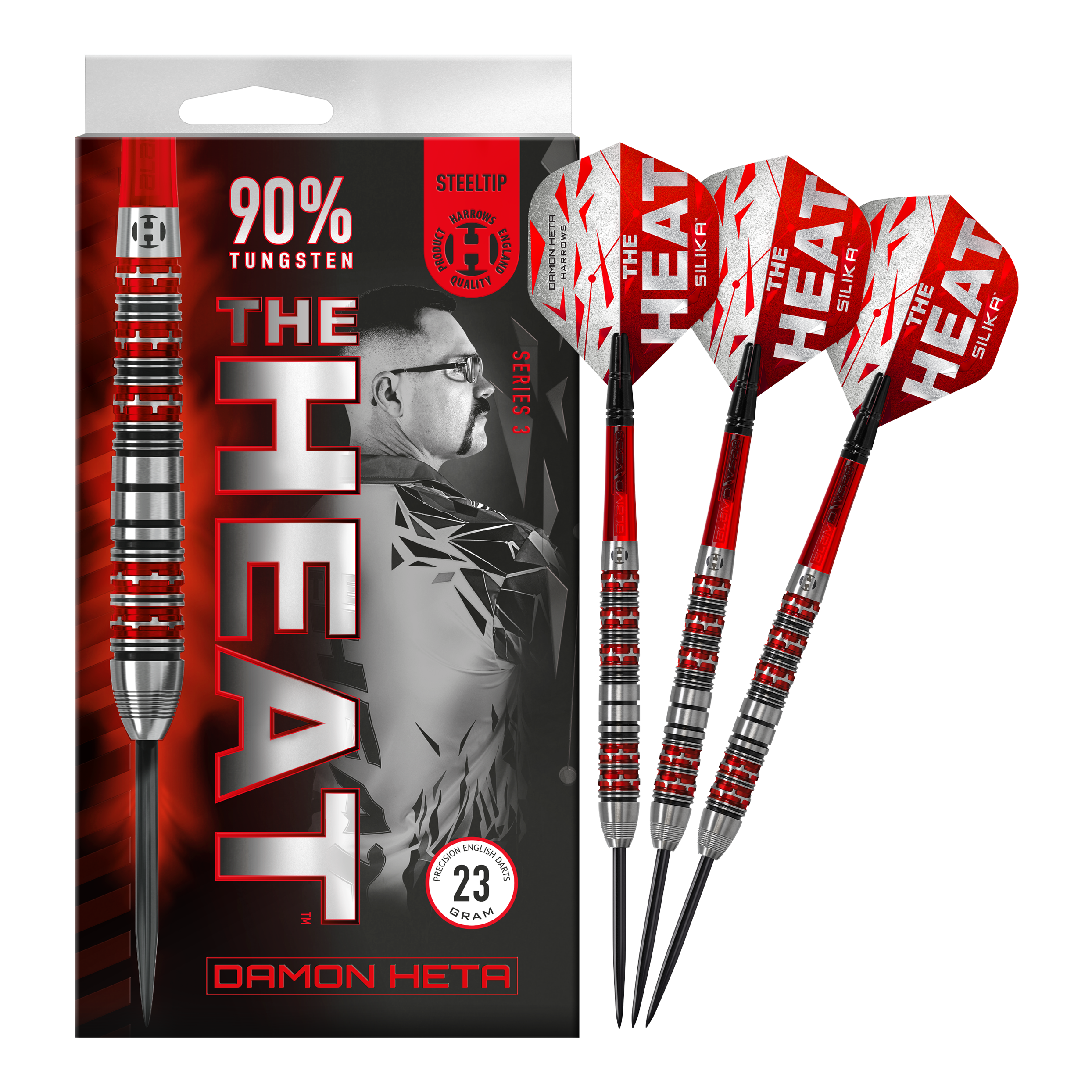 Fléchettes en acier Damon Heta Series 3 de Harrow Die Abbildung zeigt die Steeldarts "Harrows Damon Heta Series 3" mit auffälligem roten und silbernen Design. Auf der Verpackung steht, dass die Darts aus 90% Tungsten bestehen und 23 Gramm wiegen.