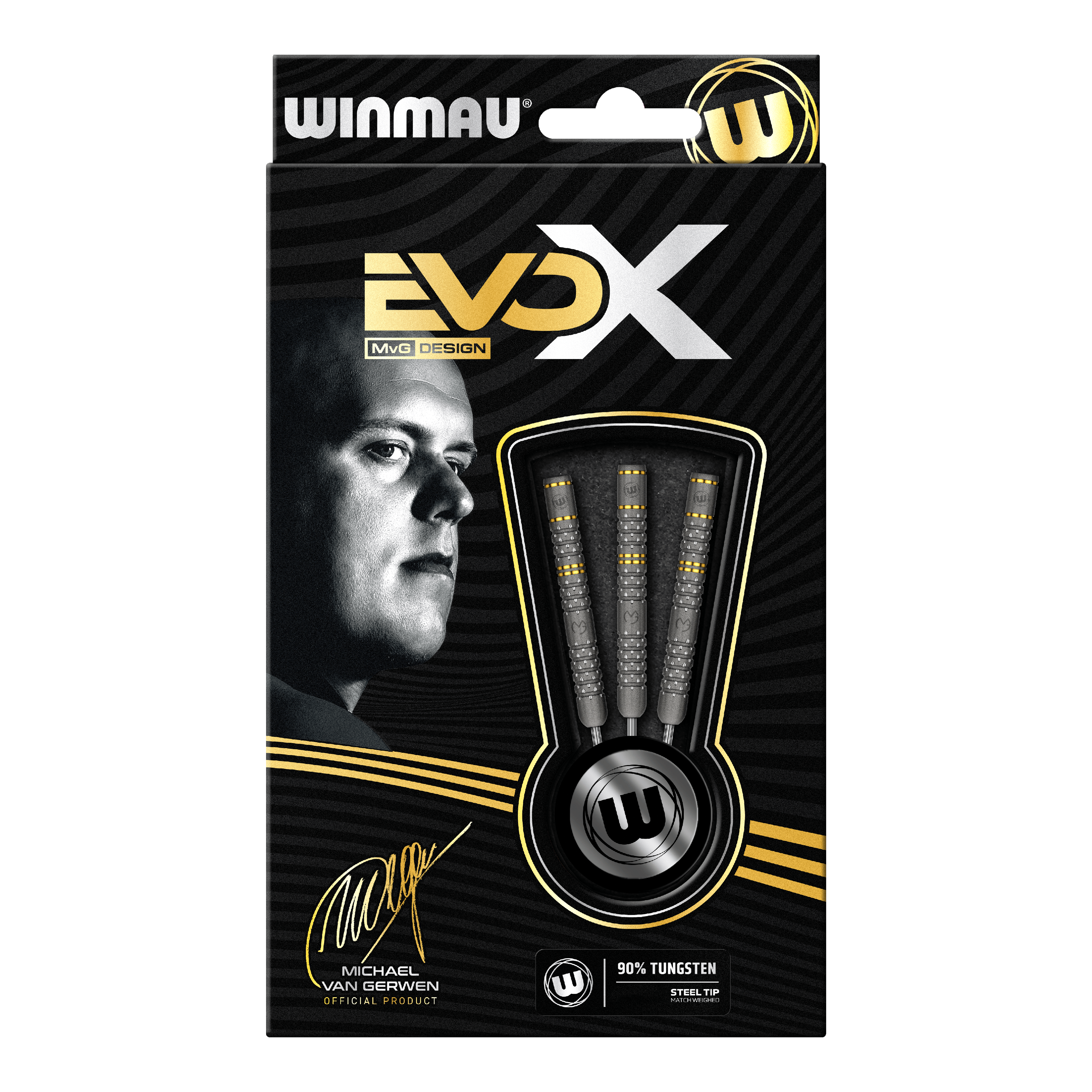 Fléchettes en acier Winmau Michael Van Gerwen Evo-X Die Verpackung zeigt die "Winmau Michael Van Gerwen Evo-X Steeldarts" mit stilvollem Design und prominenter Abbildung von Michael Van Gerwen. In der Packung sind drei Steeldarts mit 90% Tungsten-Anteil sichtbar.