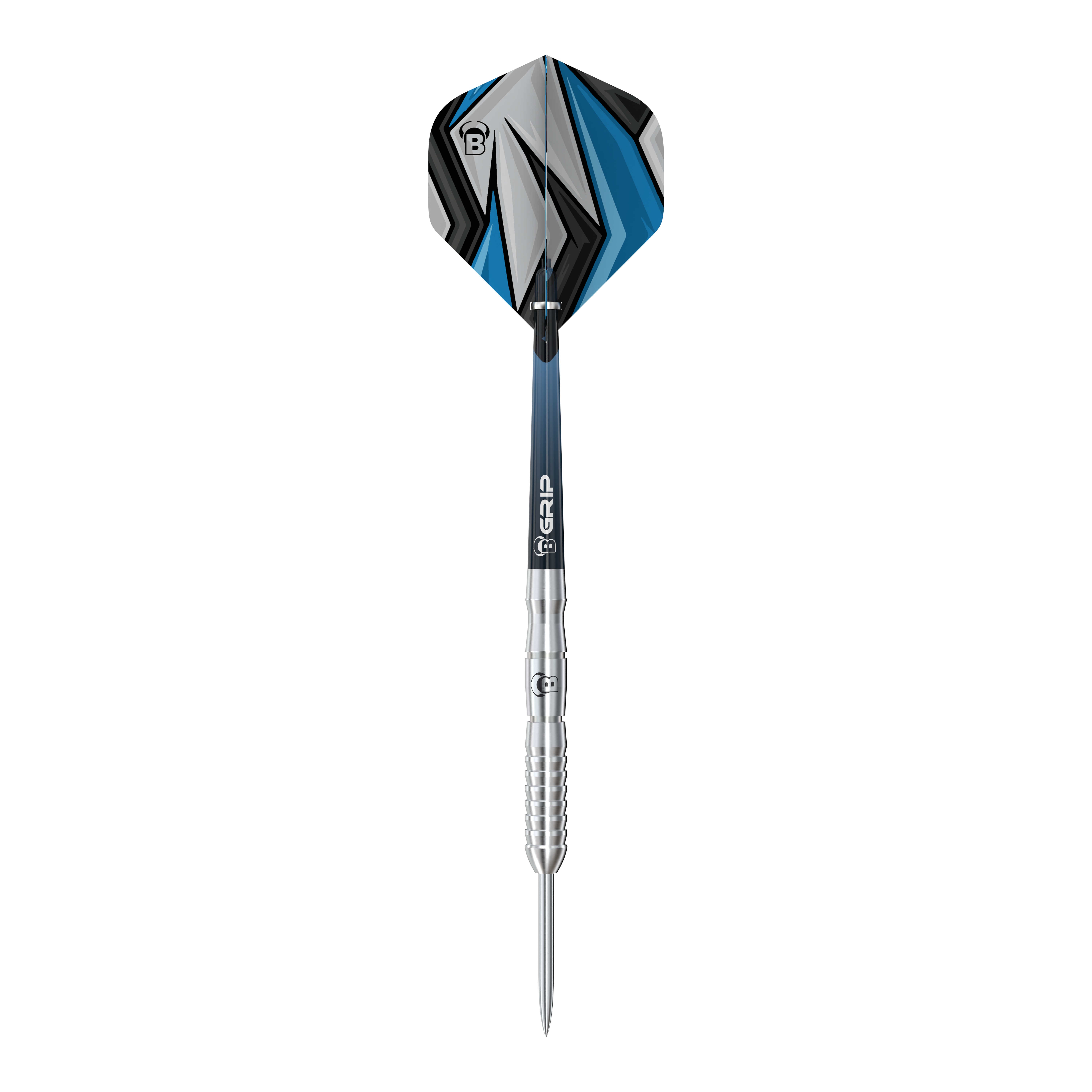 Fléchettes en acier Bulls Stone S3 Das Bild zeigt einen Bulls Stone S3 Steeldart. Der Dart hat ein silbernes Barrel und ein Flight mit blau-schwarzem Muster.