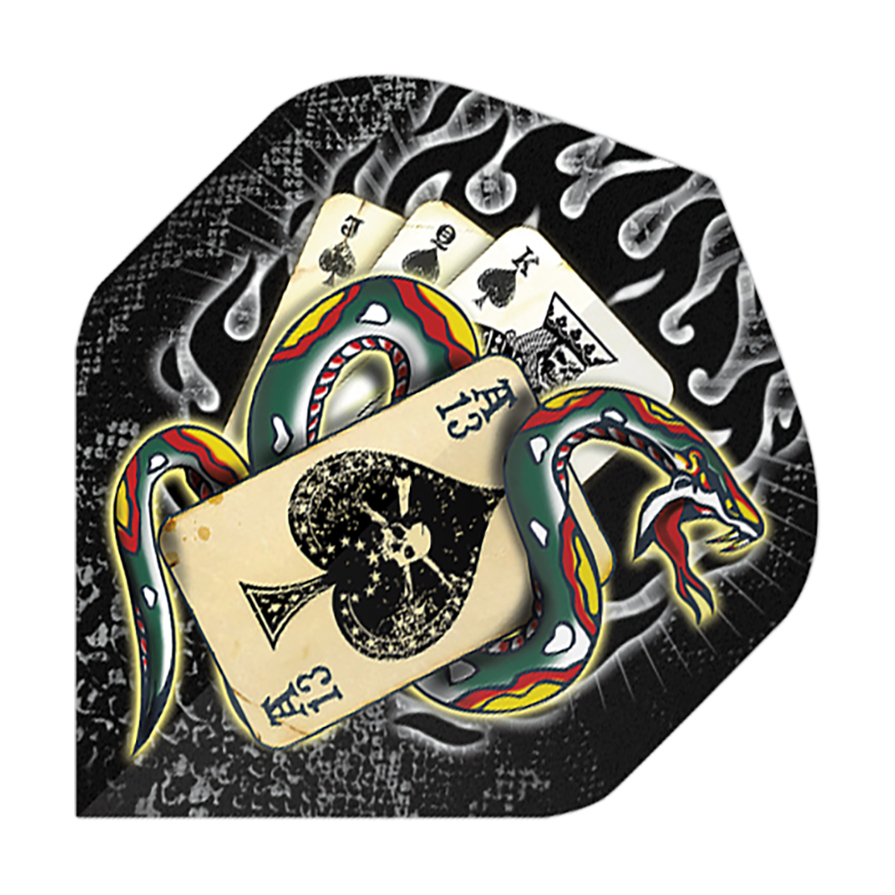 Alchimie Serpent de Pique n°2 Vols Standard Das Bild zeigt ein buntes Schlangenmuster, das sich um eine Hand von Spielkarten windet. Im Hintergrund sind Flammen und ein schwarzer, strukturierter Hintergrund zu sehen.