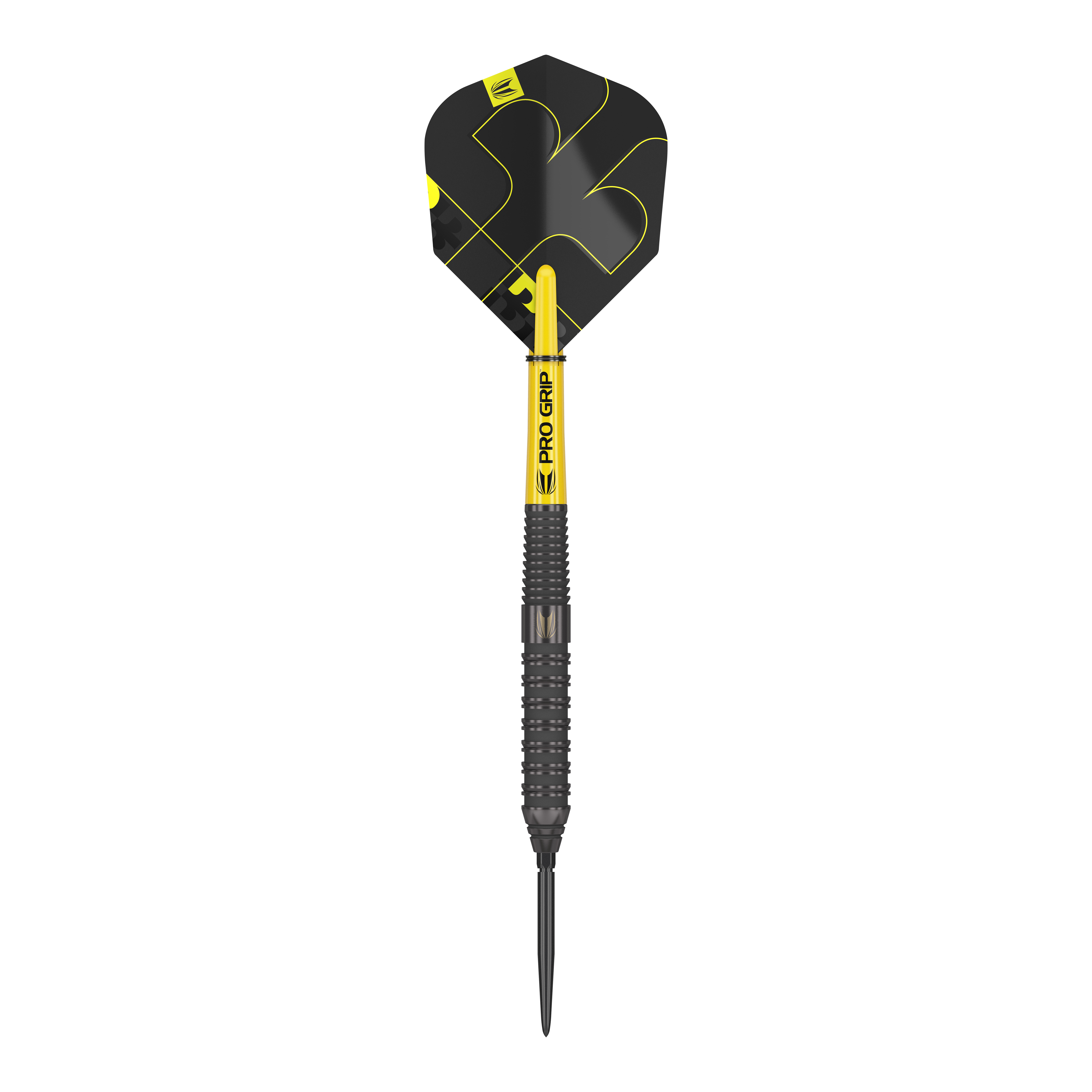 Fléchettes en acier Target Bolide Void 02 Swiss Point Das Bild zeigt einen Target Bolide Void 02 Swiss Point Steeldart. Der Dartpfeil ist schwarz mit gelben Akzenten und hat eine strukturierte Griffoberfläche.