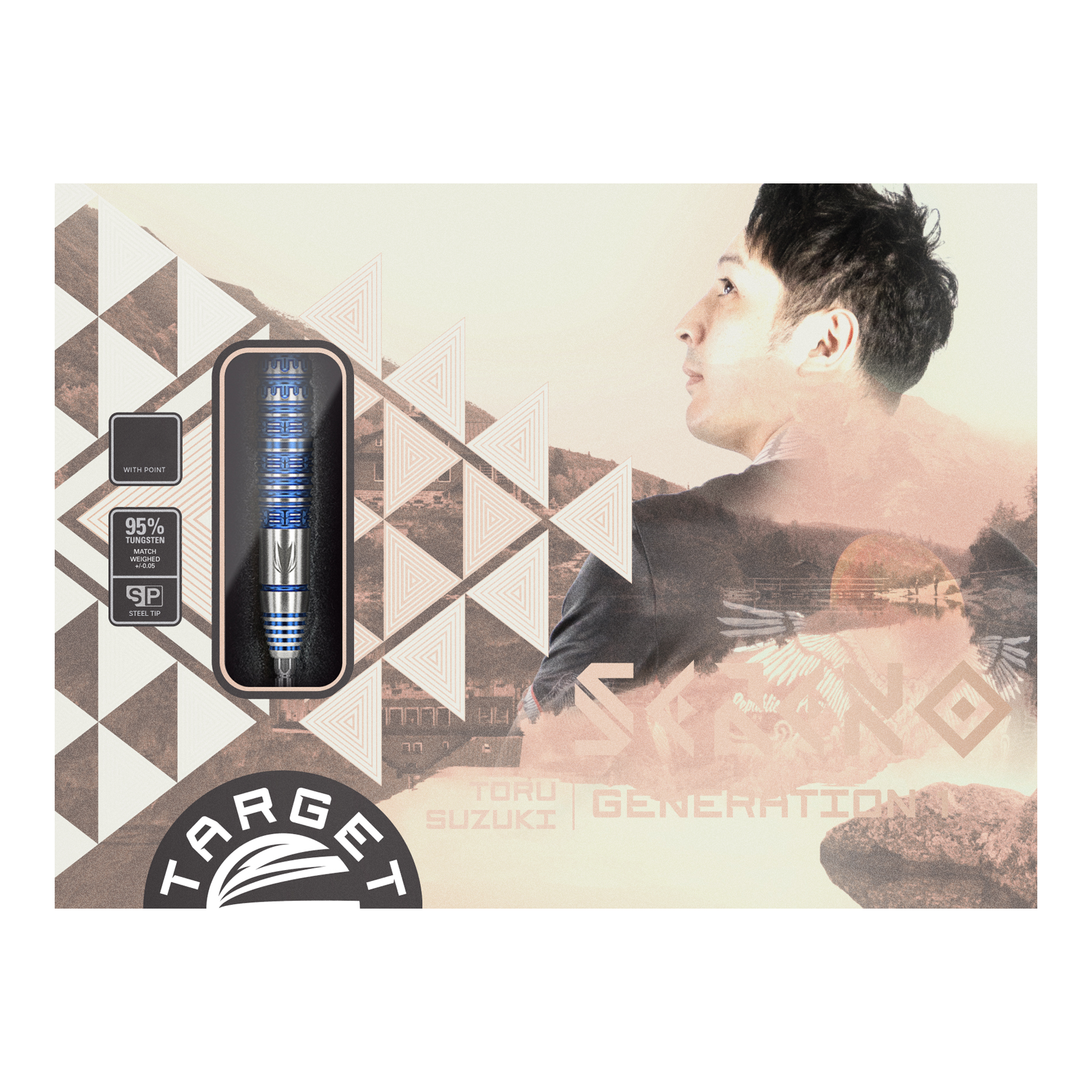 Target Japan Toru Suzuki Sereno GEN1 Swiss Point Steeldarts - 21 g Die Verpackung zeigt die Steeldarts "Target Japan Toru Suzuki Sereno GEN1 Swiss Point" mit einem Gewicht von 21g. Auf der rechten Seite ist eine Porträtaufnahme eines Mannes abgebildet.