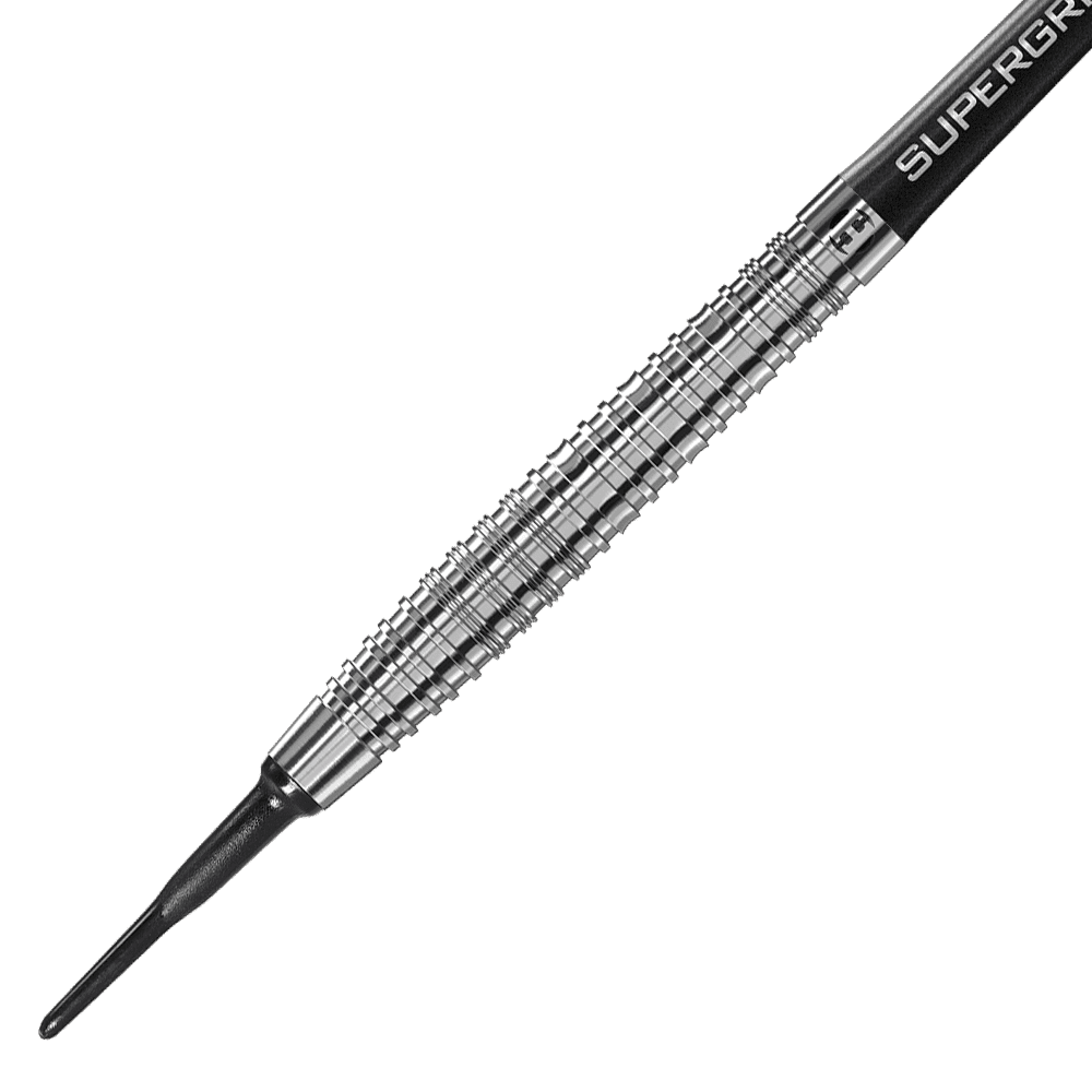 HA33768_Harrows_NX90_Softdarts_2 Auf dem Bild ist ein silberner Softdart mit einem gerillten Griff zu sehen. Die Spitze des Darts ist aus Kunststoff und schwarz gefärbt.