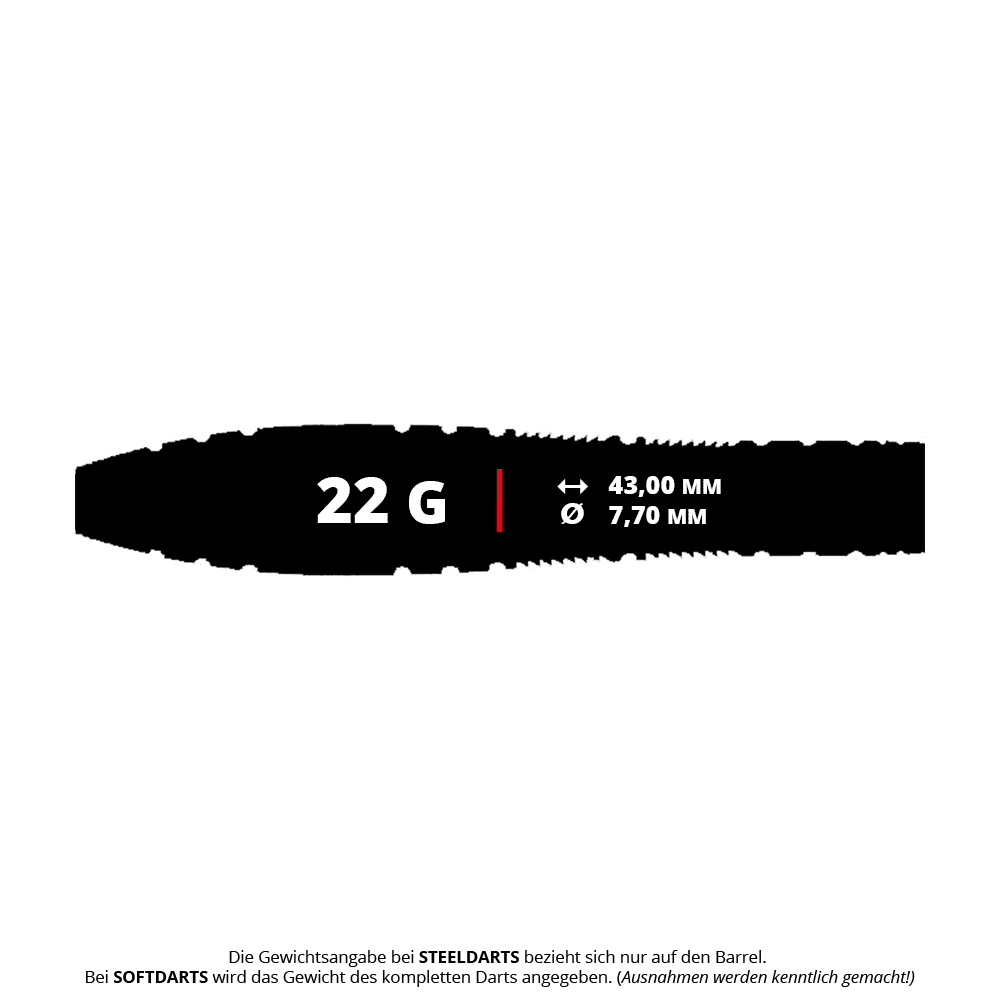 Das Bild zeigt den Caliburn Wolfpack W2 Steeldart mit einem Gewicht von 22 Gramm. Die Länge beträgt 43,00 mm und der Durchmesser 7,70 mm.