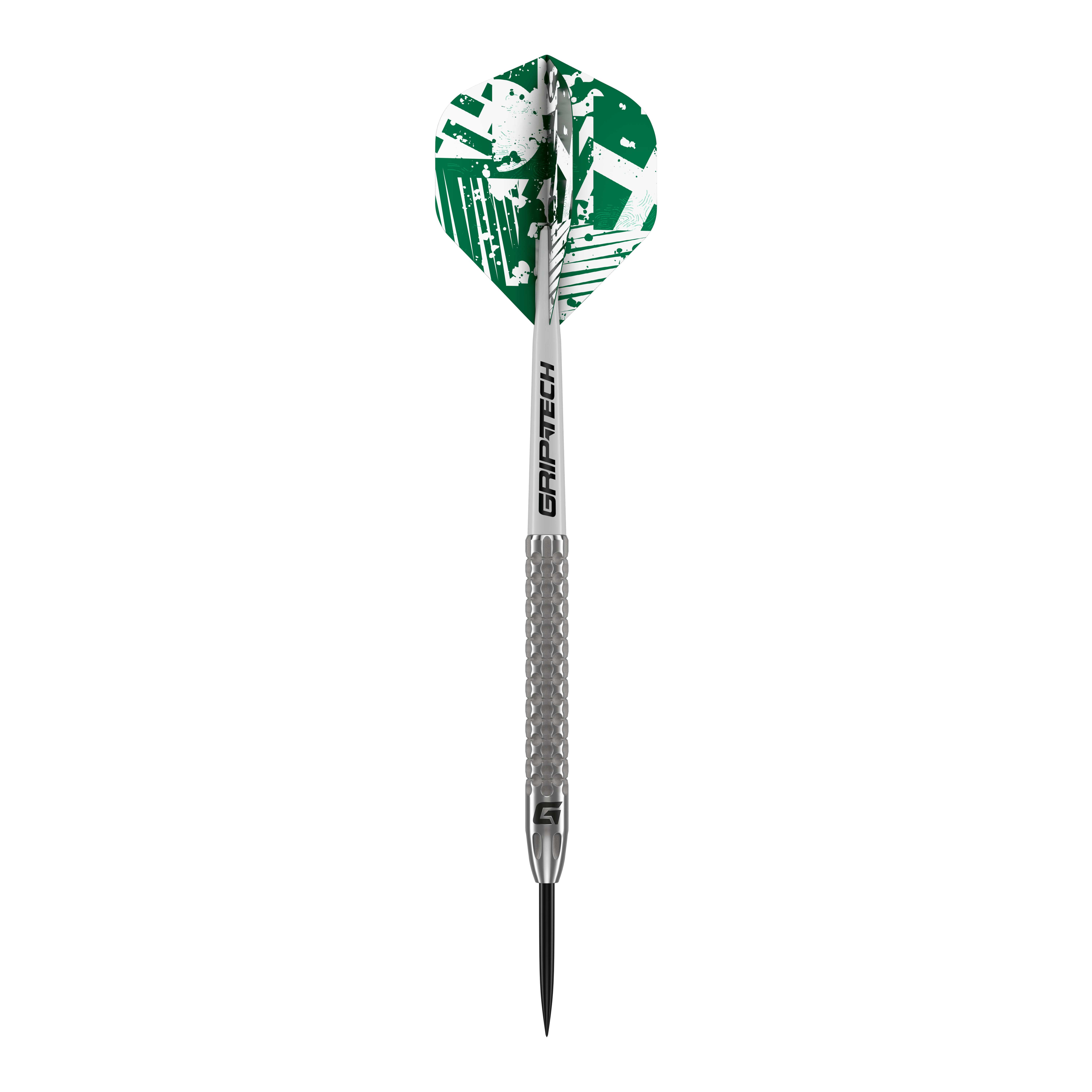 Fléchettes GOAT Fairway V2 en acier tungstène Das Bild zeigt einen GOAT Fairway V2 Tungsten Steeldart. Der Dart hat eine silberne Spitze und Schaft sowie grüne Flights mit weißem Muster.