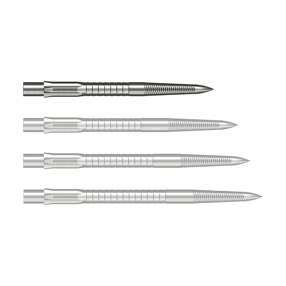 Pointes de fléchettes en acier Caliburn System - Micro Grip - Argent Abgebildet ist eine silberne Caliburn Evo System Steeldartspitze Micro Grip mit 28 mm Länge. Die Spitze liegt deutlich sichtbar auf einem hellen Hintergrund.