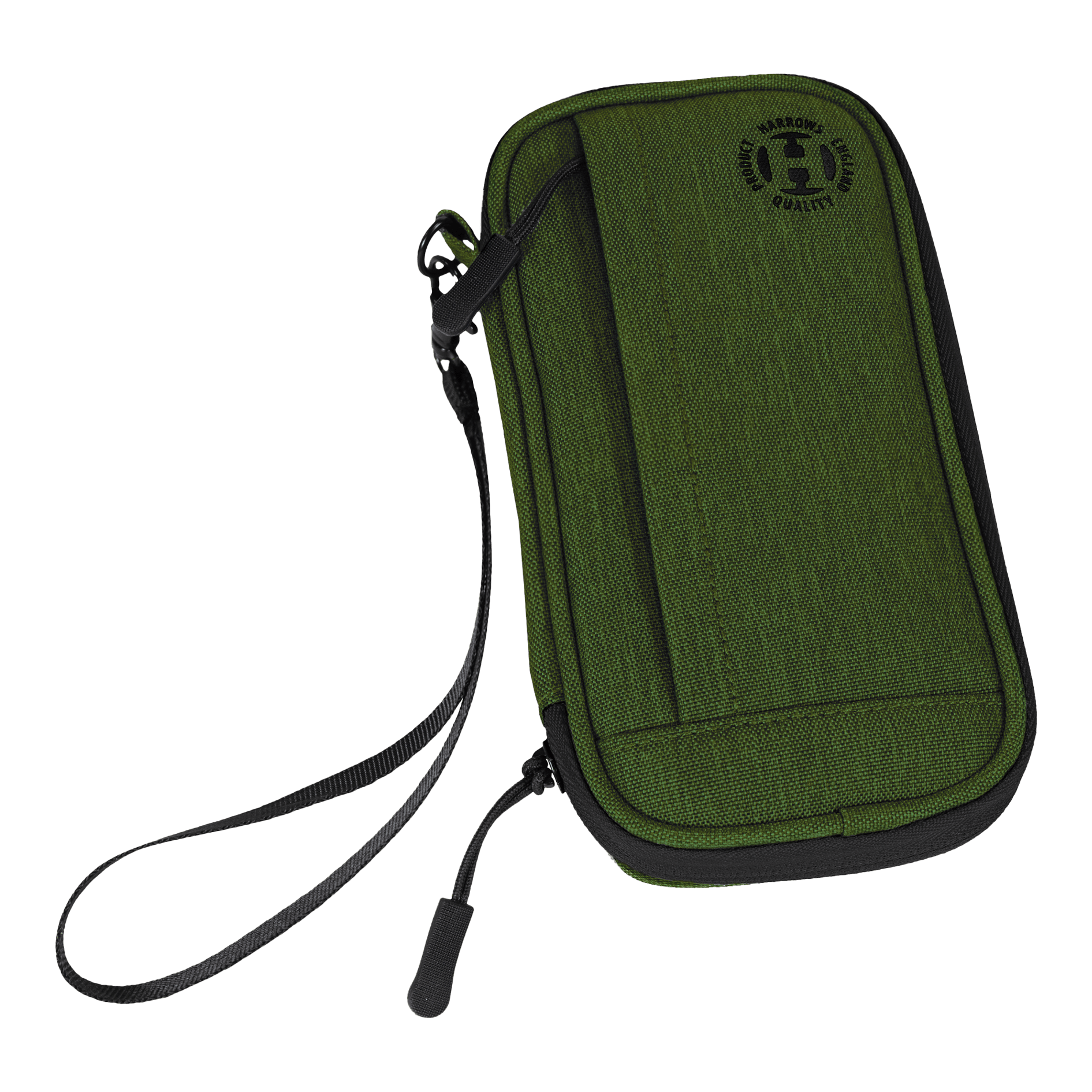 Dies ist ein grünes Dart-Etui mit einem schwarzen Reißverschluss und einer Handschlaufe. Auf der Vorderseite befindet sich ein rundes Logo mit der Aufschrift "Harrows Quality".