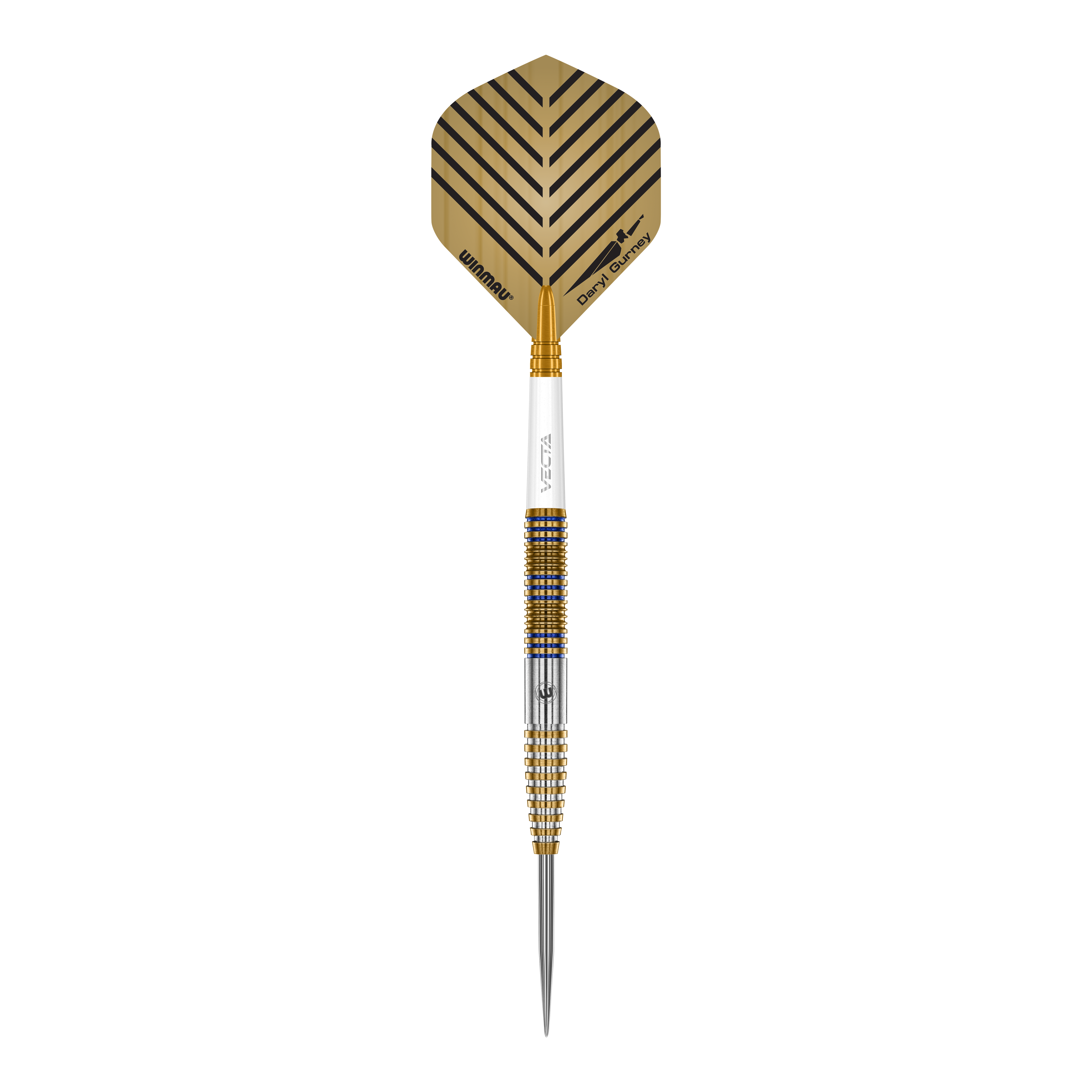 Zu sehen sind die Winmau Daryl Gurney Signature Edition Steeldarts mit einem Gewicht von 23g. Das Produkt wird aus nächster Nähe gezeigt.