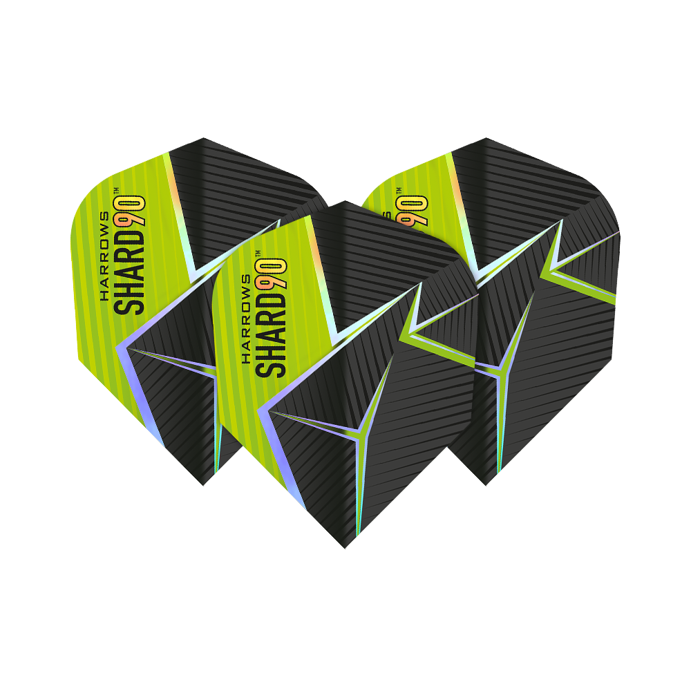 Vols n° 6 de Harrows Prime Shard Das Bild zeigt drei Harrows Prime Shard No6 Flights für Darts. Die Flights haben ein schwarz-gelbes Design mit futuristischen Linien und dem Aufdruck "SHARD 90".