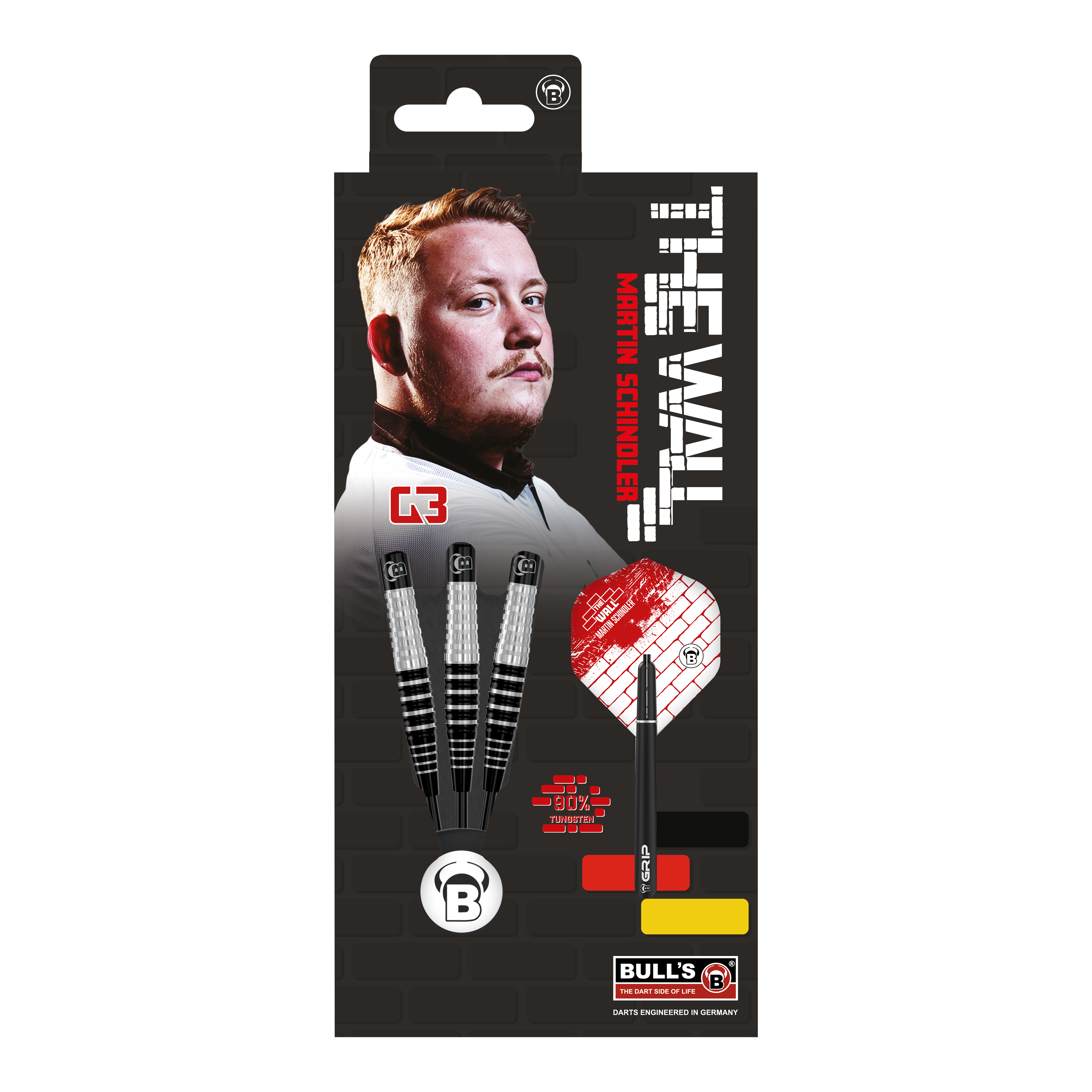 Auf dem Bild ist die Verpackung der "Bulls Martin Schindler Original Generation 3 Steeldarts" zu sehen. Auf der Verpackung sind ein Porträt von Martin Schindler und drei Steeldarts abgebildet.