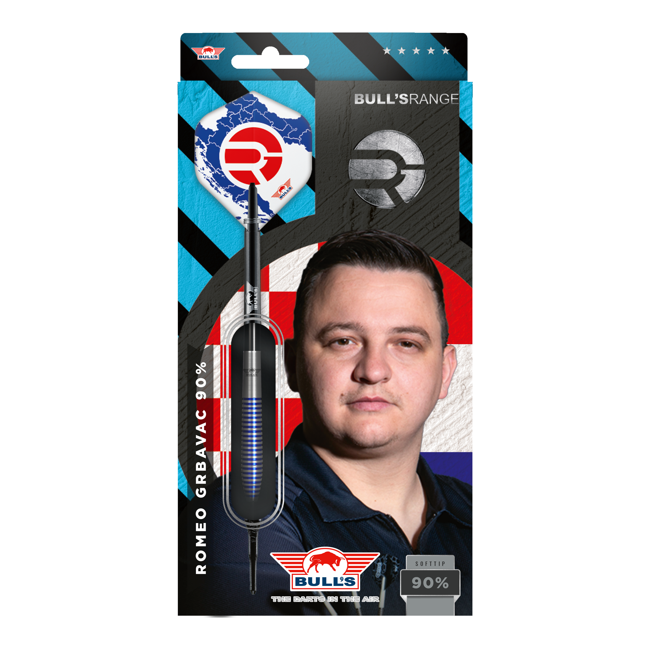 Fléchettes souples Bulls NL Romeo Grbavac - 19 g Die Verpackung zeigt die Softdarts "Bulls NL Romeo Grbavac" mit einem Gewicht von 19g. Auf der Vorderseite ist auch das Bild eines Mannes und das Logo von Bulls abgebildet.