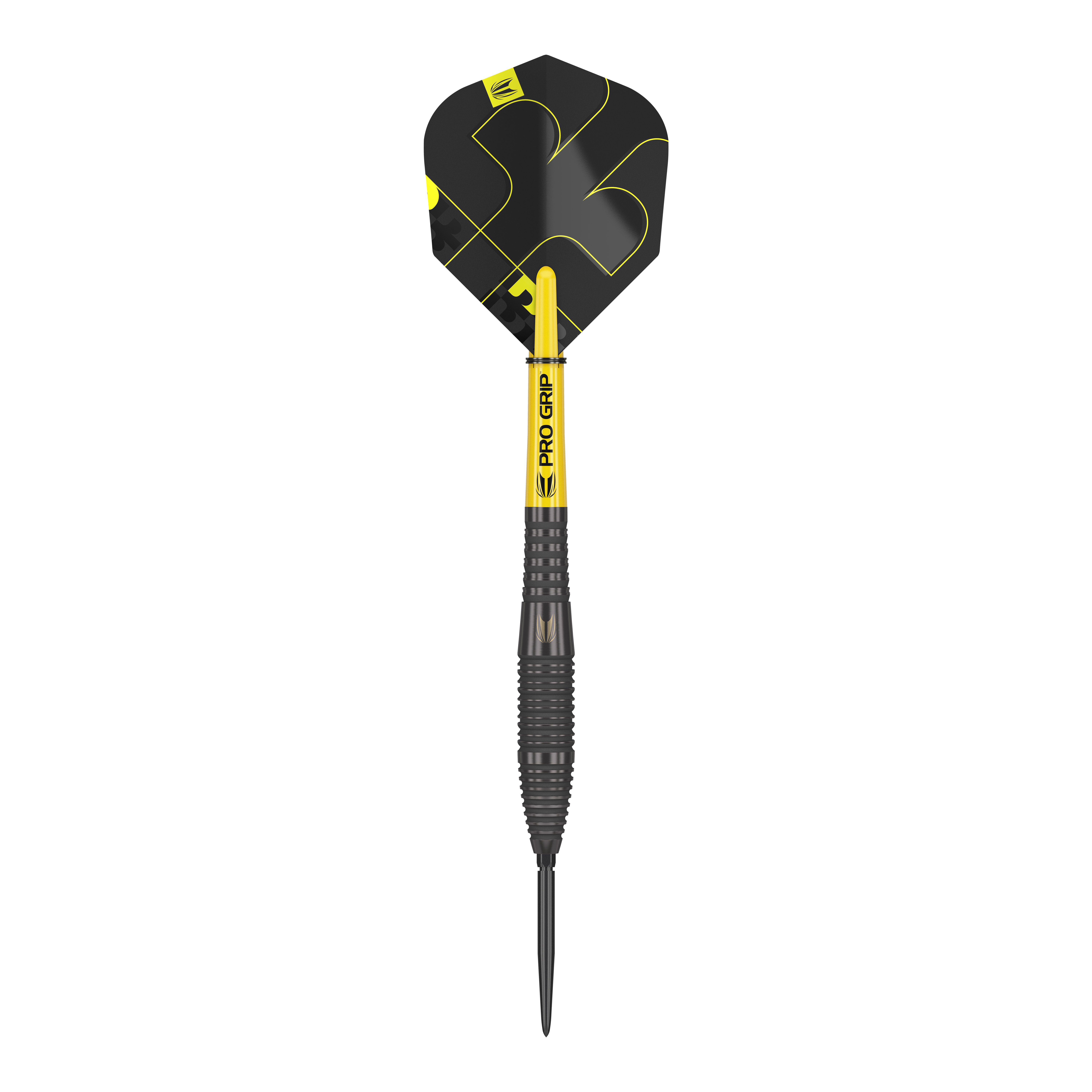 Fléchettes en acier Target Bolide Void 05 Swiss Point Das Bild zeigt einen Target Bolide Void 05 Swiss Point Steeldart. Der Dartpfeil ist überwiegend schwarz mit gelben Akzenten und hat eine strukturierte Griffzone.