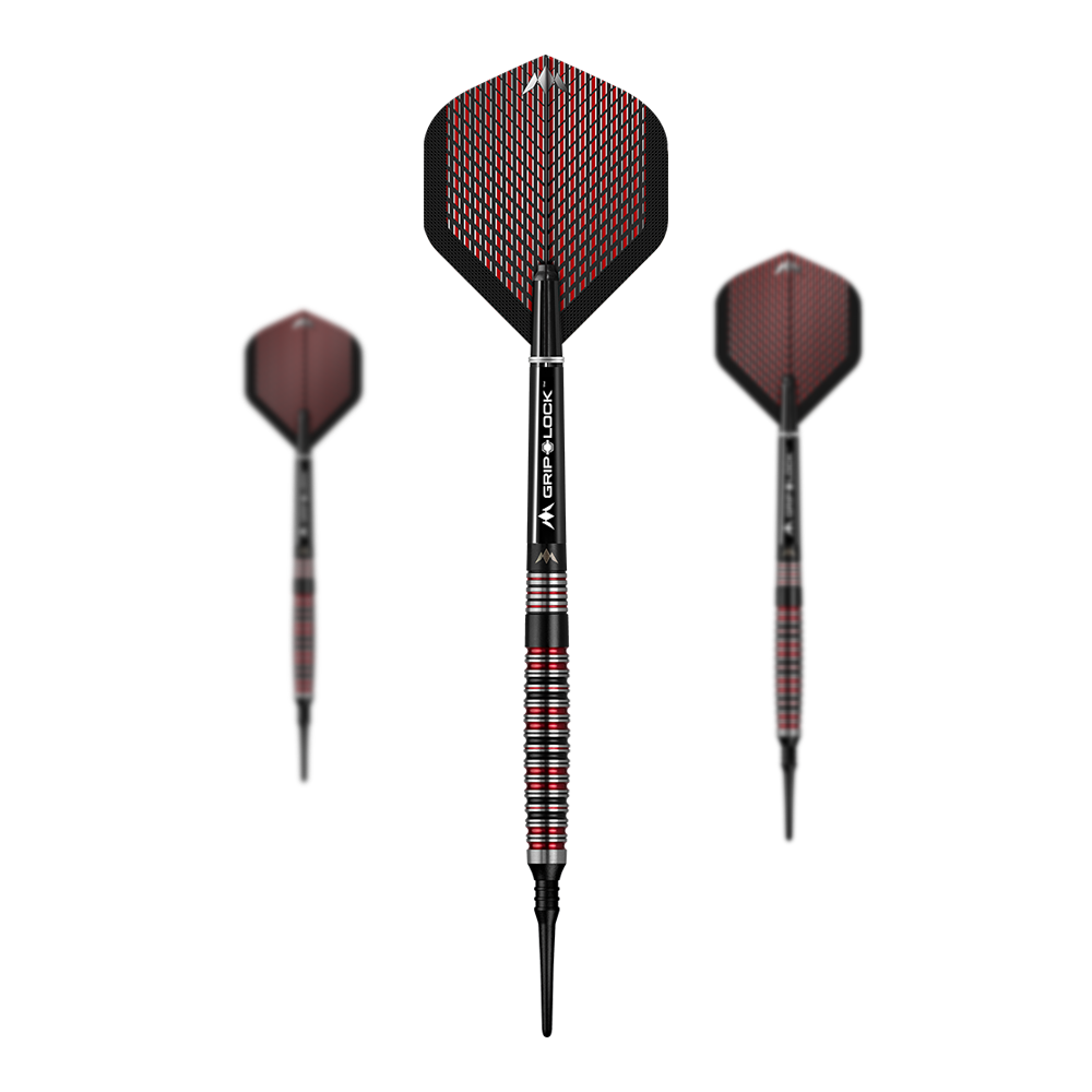Fléchettes souples Mission Red Dawn modèle 3 - 20 g Das Bild zeigt drei Softdarts des Modells Mission Red Dawn Model 3 mit einem Gewicht von 20g. Die Darts haben schwarze und rote Flights sowie silberne und rote Griffe.