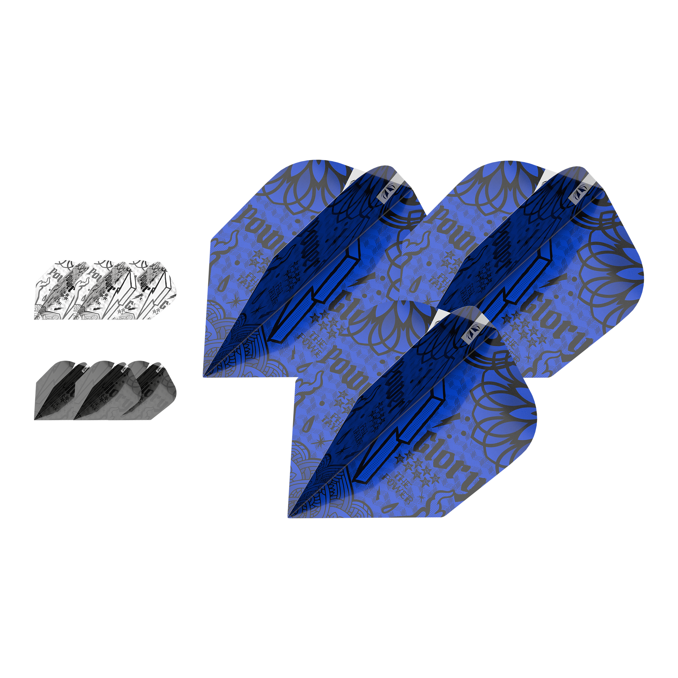 Target Ink Bundle 3 ensembles de vols Power No6 Das Bild zeigt drei Sets von Target Ink Bundle Power No6 Flights in verschiedenen Farben und Designs. Die Flights sind in Blau, Schwarz und Weiß mit auffälligen grafischen Mustern gestaltet.