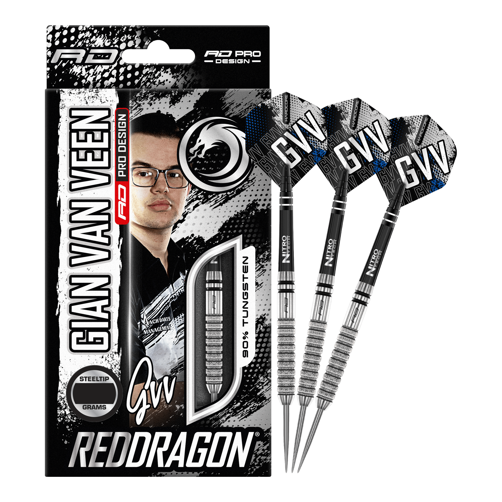 Das Bild zeigt die Verpackung und drei Steeldarts des Produkts „Red Dragon Gian Van Veen Tour Edition“ mit 22 Gramm Gewicht. Auf der Verpackung ist ein Porträt von Gian Van Veen sowie der Schriftzug „REDDRAGON“ zu sehen.