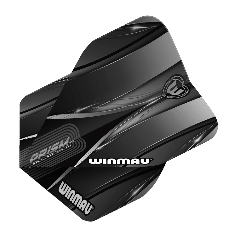 Vols standard Winmau Alpha Sniper noirs Das Bild zeigt das Produkt "Winmau Alpha Sniper Black Standard Flights". Die Flights sind schwarz mit silbernen und grauen Designelementen und tragen das Winmau-Logo.