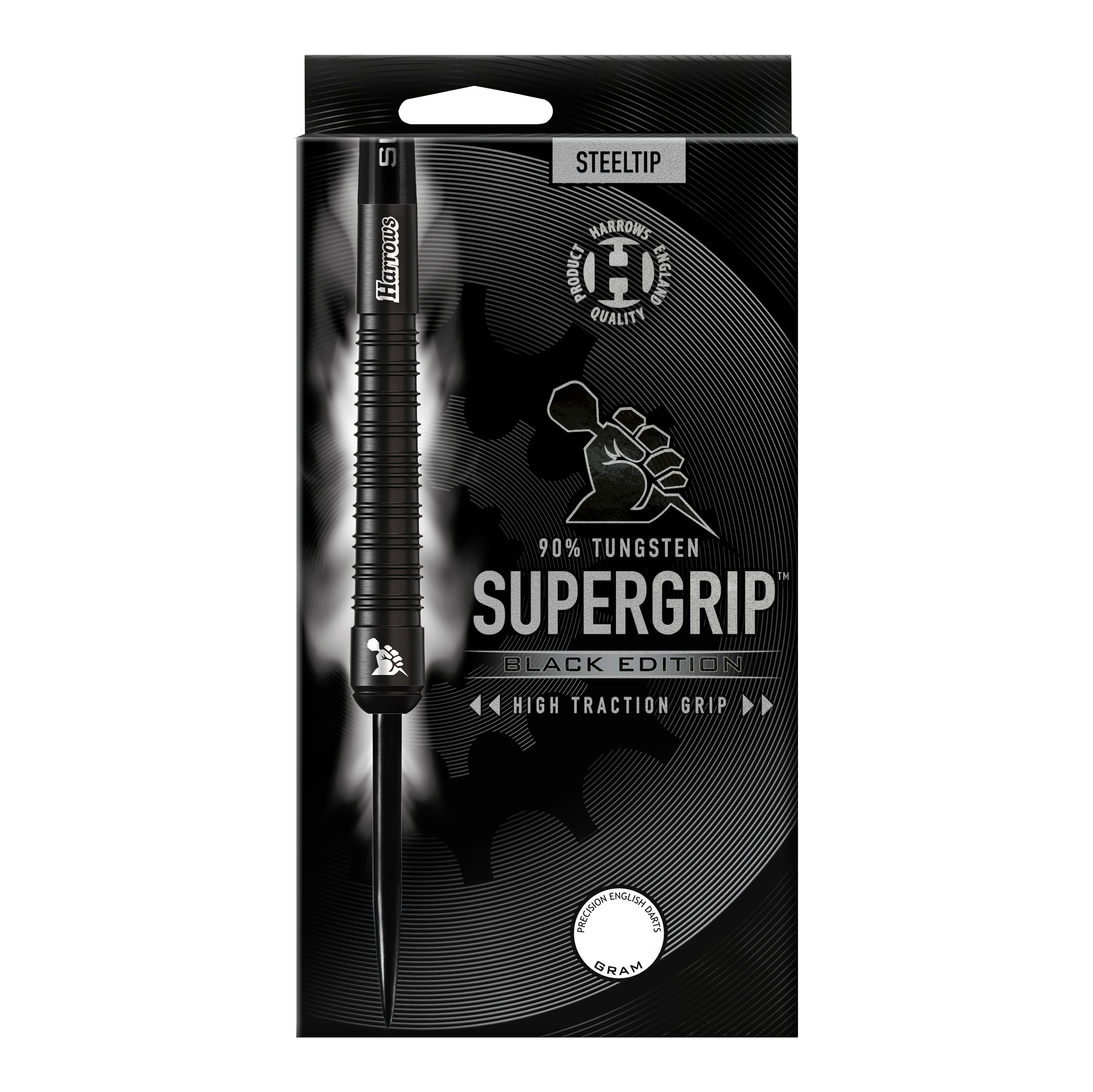 Fléchettes en acier Harrows Supergrip Black Edition Das Bild zeigt die Verpackung der "Harrows Supergrip Black-Edition Steeldarts". Die Verpackung ist schwarz gehalten und hebt die hohe Griffigkeit sowie einen 90%igen Tungsten-Anteil hervor.