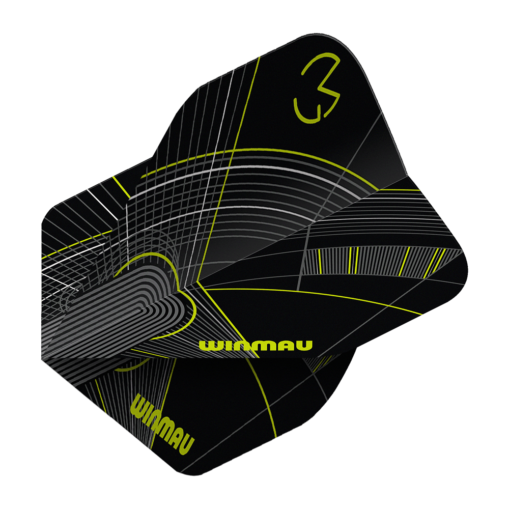 Vols standard Winmau Prism Delta MvG Noir Vert n°2 Das Bild zeigt die Winmau Prism Delta MvG Black Green No2 Standard Flights. Das Set hat auffällige schwarze und farbige Elemente.