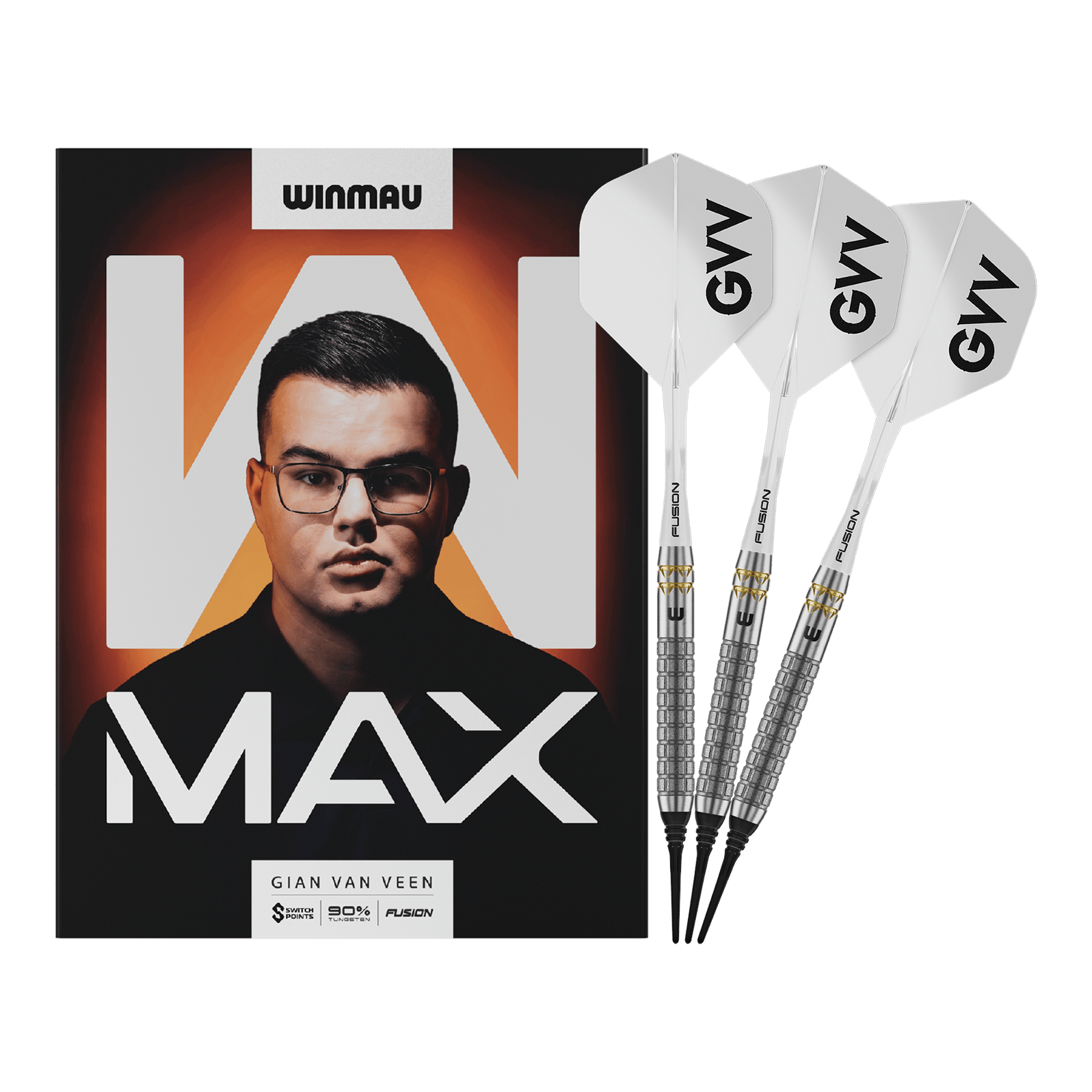 Fléchettes souples Winmau Gian Van Veen W-MAX - 18g Winmau Gian Van Veen W-MAX Softdarts - 18g werden vollständig dargestellt. Alle Details der drei Darts sind sichtbar.
