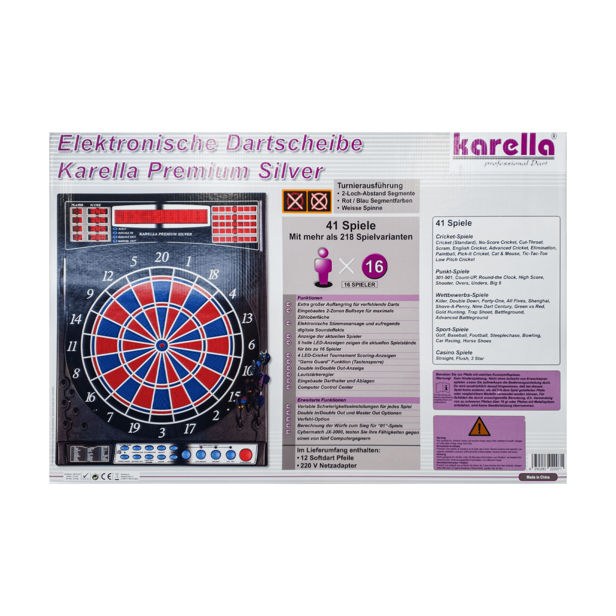8075_Dartautomat_Karella_Premium_Silver_5BzxokKrLhyZeo Das Bild zeigt die Verpackung des Dartautomaten "Karella Premium Silver". Auf der Verpackung sind Informationen zu den Funktionen und Spielvarianten des elektronischen Dartboards abgebildet.