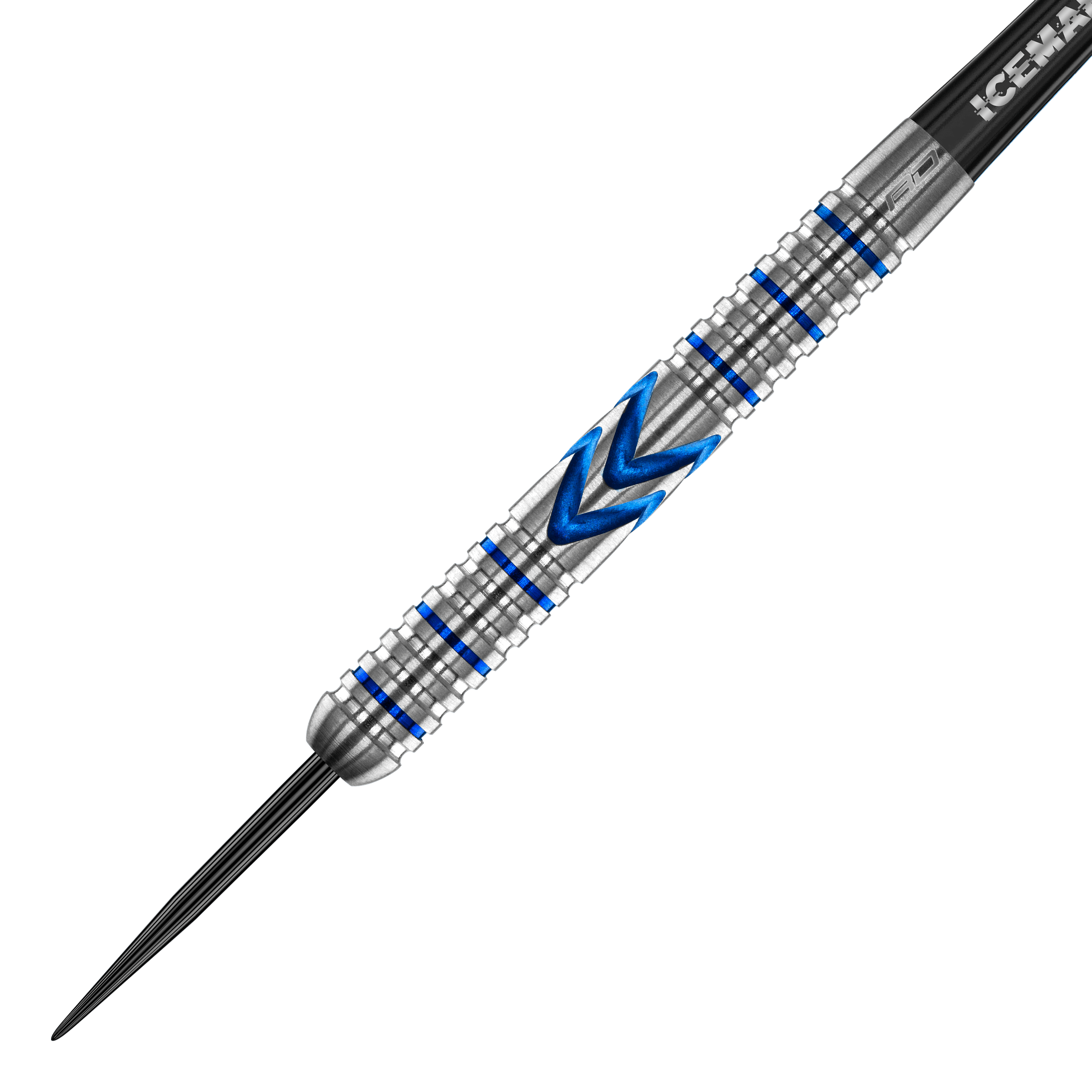 Fléchettes en acier Red Dragon Gerwyn Price Iceman Midnight Edition Das Bild zeigt einen Steeldart mit silberner Oberfläche und blauen Akzenten. In der Mitte befindet sich ein markantes blaues Muster in Pfeilform.