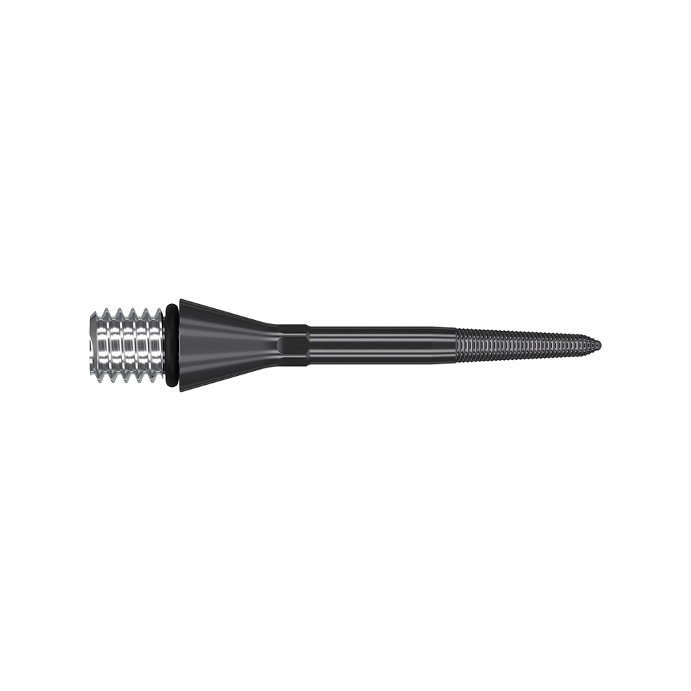 380160_Target_Titanium_Swiss_Point_Nano_Conversion_Points_Schwarz_26mm_2 Das Bild zeigt eine schwarze, metallische Dartspitze mit einem geriffelten Ende. Die Spitze ist lang, schmal und hat eine spitz zulaufende Form.