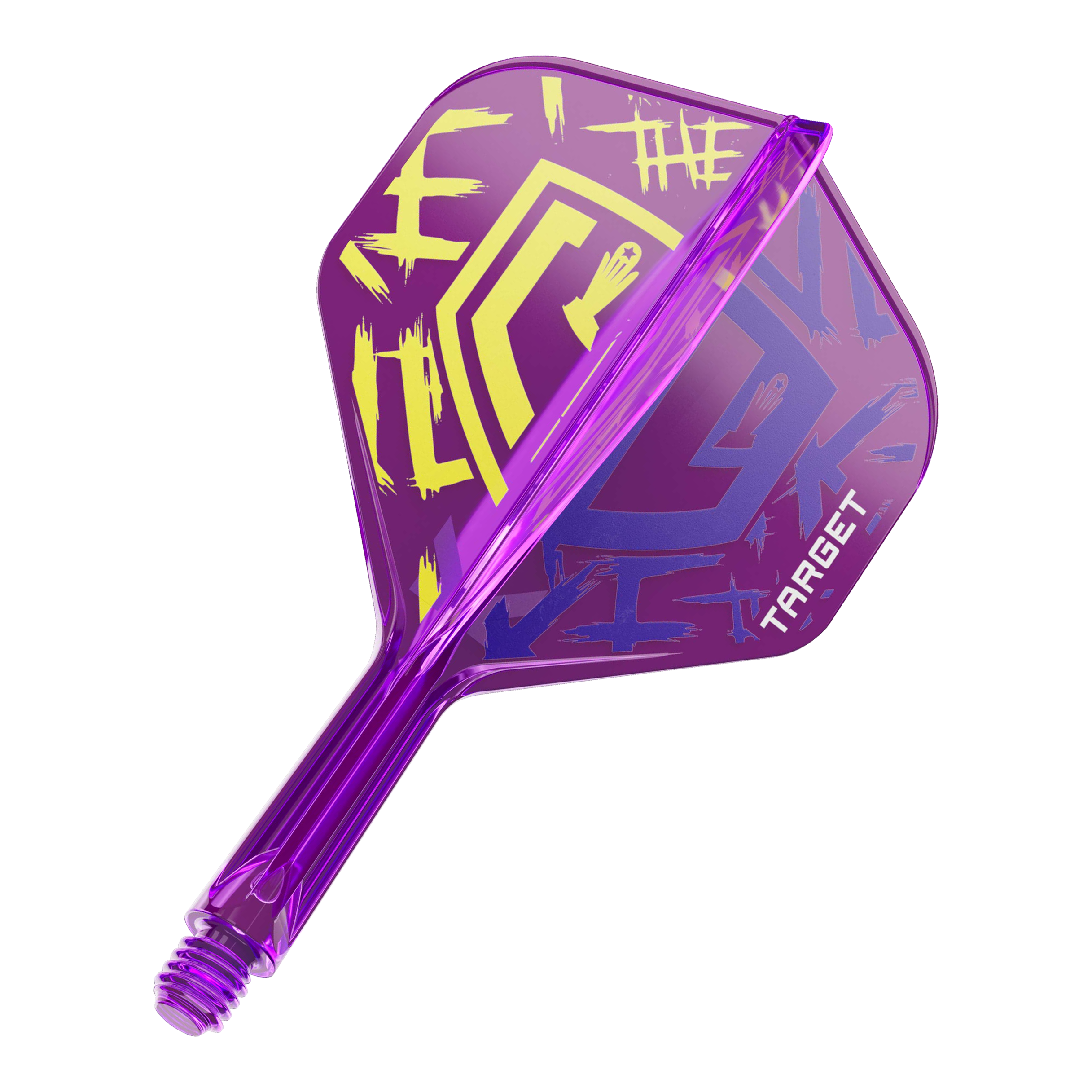 Target K-Flex Luke Littler Champion du monde 2025 Vols standard n°2 Das Bild zeigt einen lila Dartflight mit grafischen gelben und blauen Elementen. Auf dem Flight steht das Wort "TARGET" und es hat ein auffälliges, modernes Design.