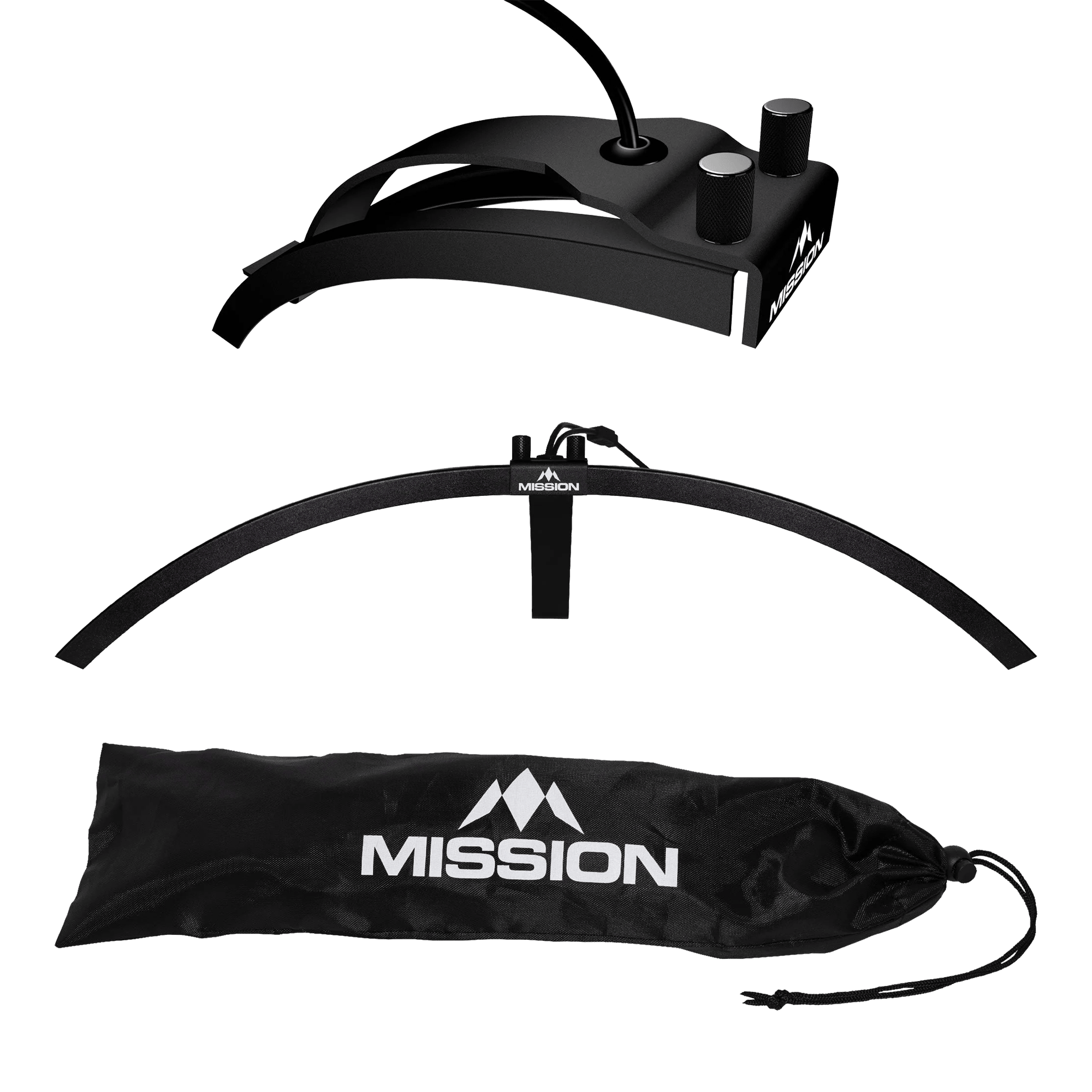 Éclairage LED pliable pour cible de fléchettes Mission Torus 100 Das Bild zeigt die faltbare LED Dartboard Beleuchtung "Mission Torus 100". Abgebildet sind das Beleuchtungselement, ein Bogen und eine schwarze Transporttasche mit dem Mission-Logo.