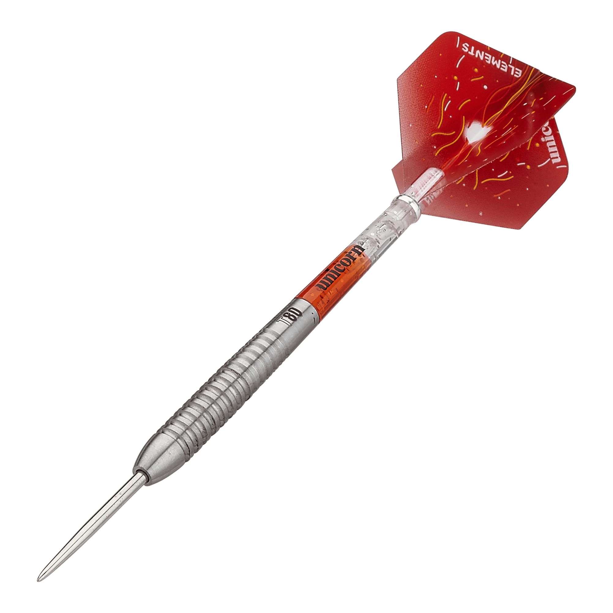 Fléchettes en acier Unicorn Core XL Striker Style 5 Das Bild zeigt einen Unicorn Core XL Striker Style 5 Steeldart. Der Dartpfeil hat einen silbernen Schaft und rote Flights mit gelben Mustern.