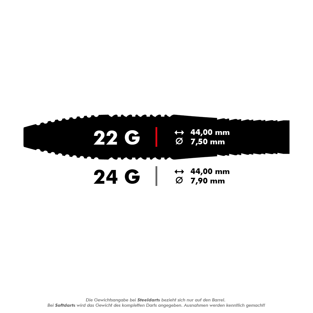 190063_Target_Bolide_05_Swiss_Point_Steeldarts_5_22g Das Bild zeigt die Maße der Target Bolide 05 Swiss Point Steeldarts. Die Darts sind in 22 g (44,00 mm lang, 7,50 mm Durchmesser) und 24 g (44,00 mm lang, 7,90 mm Durchmesser) erhältlich.