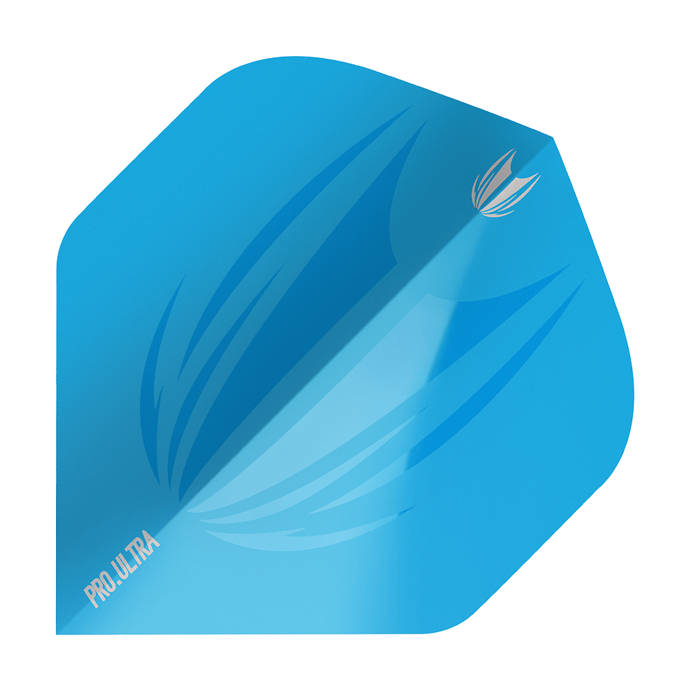 Das Bild zeigt ein blaues Dart-Flight mit dem Namen "Target ProUltra ID Blue No2 Standard Flights". Auf dem Flight sind stilisierte Muster und die Aufschrift "PRO.ULTRA" zu sehen.