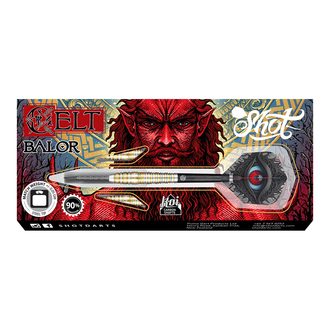 Fléchettes en acier Shot Celt Balor Das Bild zeigt die Verpackung der "Shot Celt Balor Steeldarts". Im Hintergrund ist ein auffälliges, rotes Fantasy-Gesicht und kunstvolles Design zu sehen.