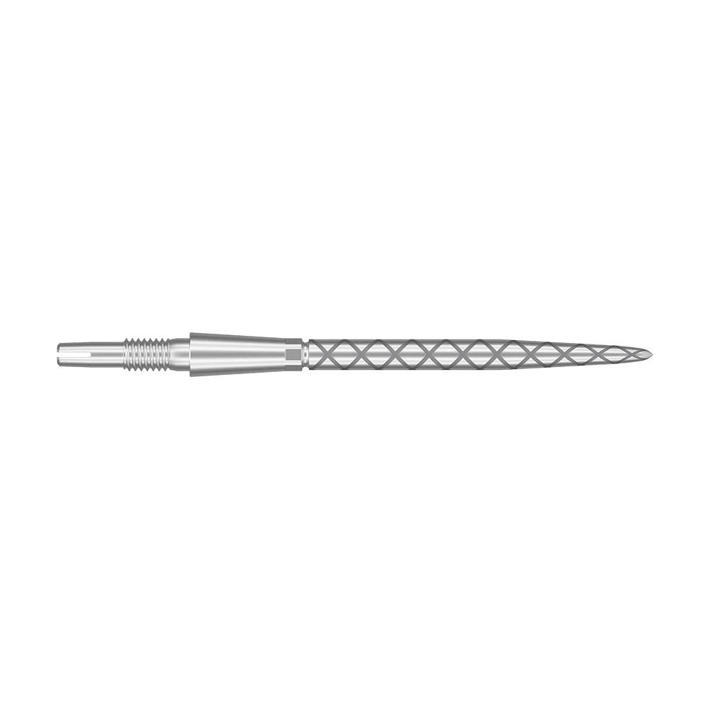 Pointes de fléchettes Target Swiss Storm Diamond Point - Argent Das Bild zeigt eine silberne Dartspitze mit einem rautenförmigen Muster. Die Spitze ist lang und schmal, mit feinen Rillen für besseren Halt.
