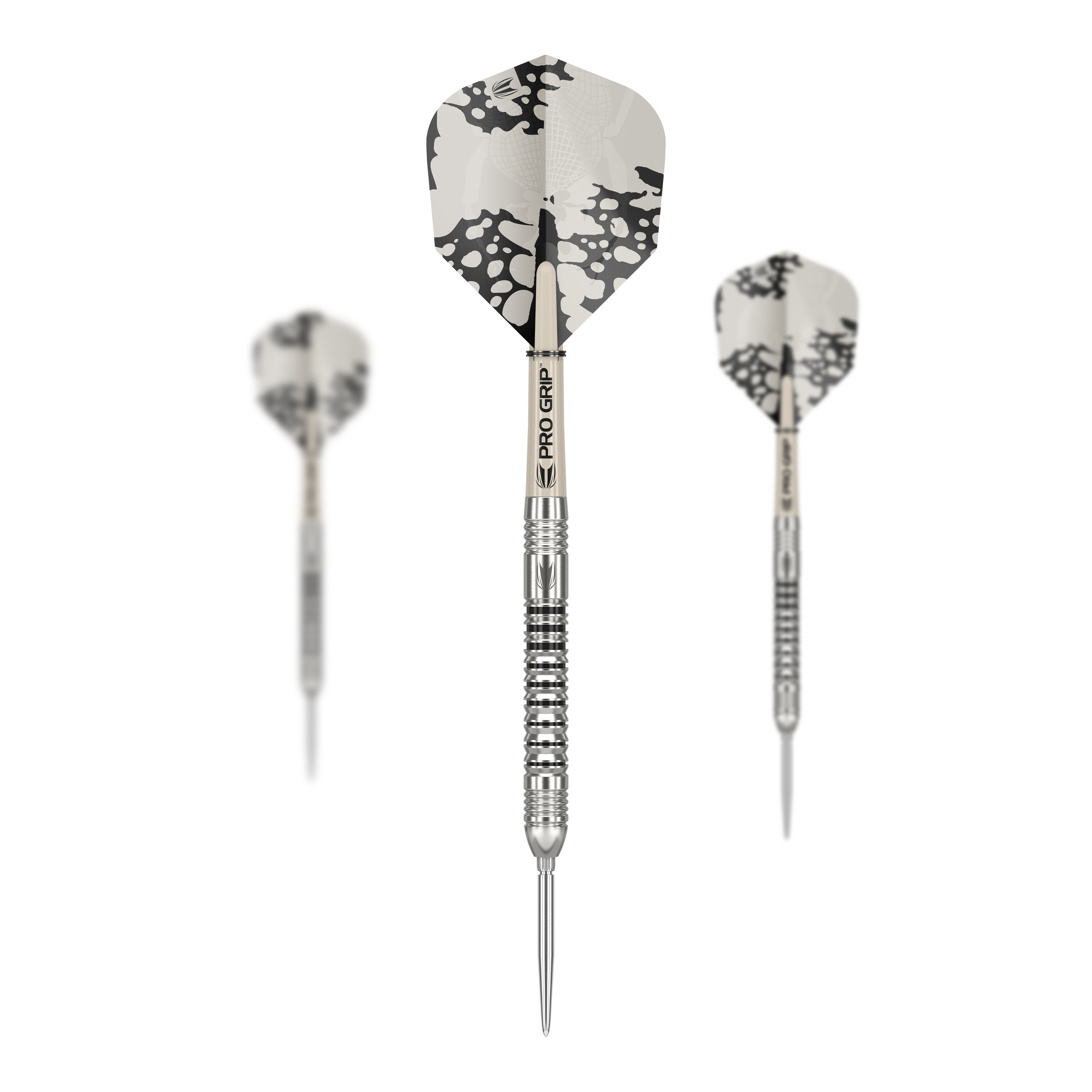 Fléchettes en acier Target EXO SP03 Swiss Point Das Bild zeigt drei Steeldarts des Modells 'Target EXO SP03 Swiss Point'. Die Darts haben silberne Spitzen und einen schwarz-weißen Flug mit auffälligem Muster.