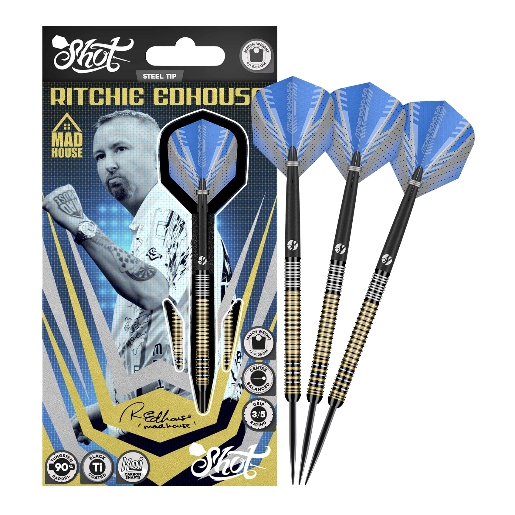 Shot de Ritchie Edhouse Madhouse fléchettes en acier Das Bild zeigt die Shot Ritchie Edhouse Madhouse Steeldarts in voller Ansicht. Diese Darts zeichnen sich durch ihr einzigartiges Design aus.