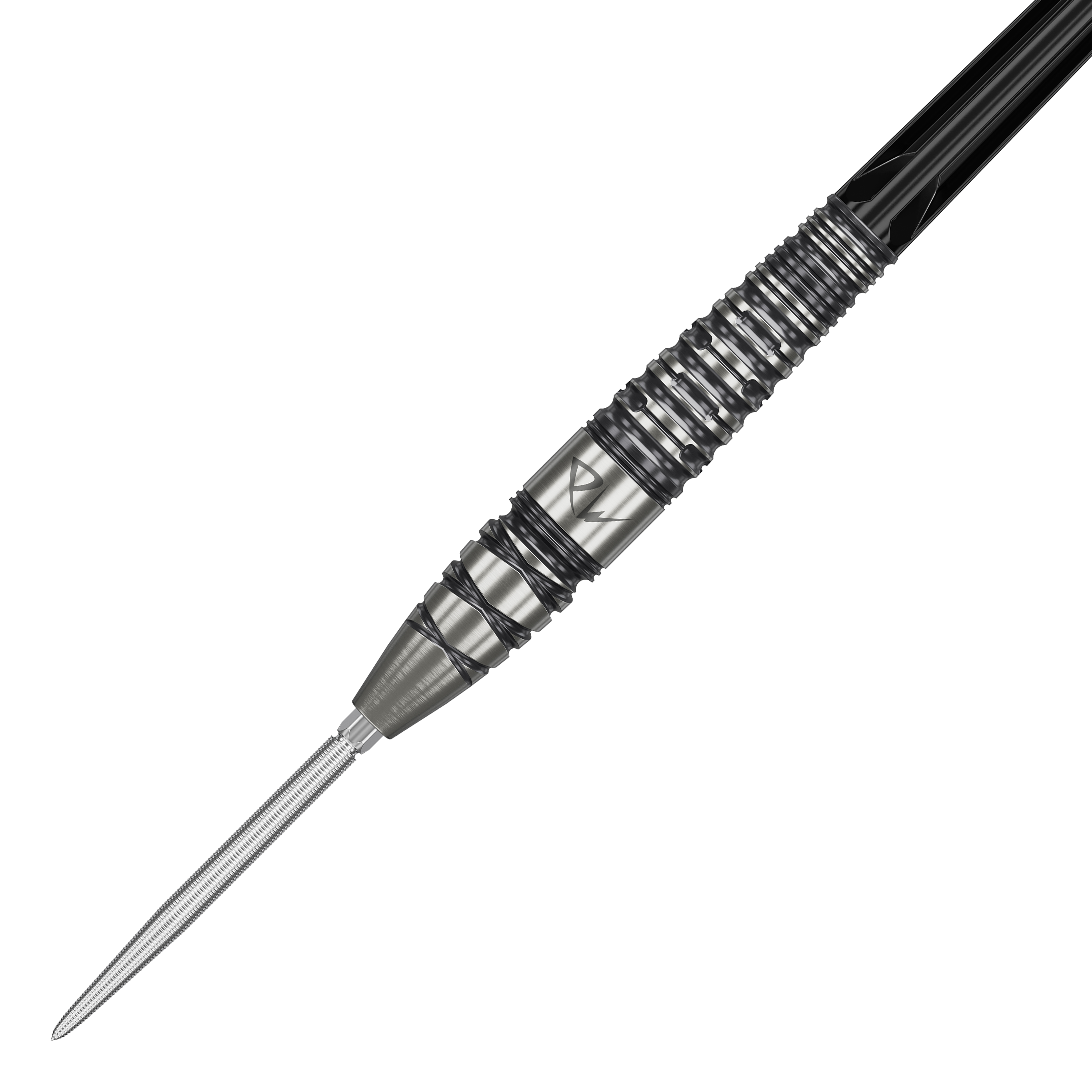 Fléchettes en acier Target Japan Black Marque PW 2 SP Das Bild zeigt einen Target Japan Black Marque PW 2 SP Steeldart. Der Dartpfeil hat ein silbernes und schwarzes, geriffeltes Design für besseren Halt.