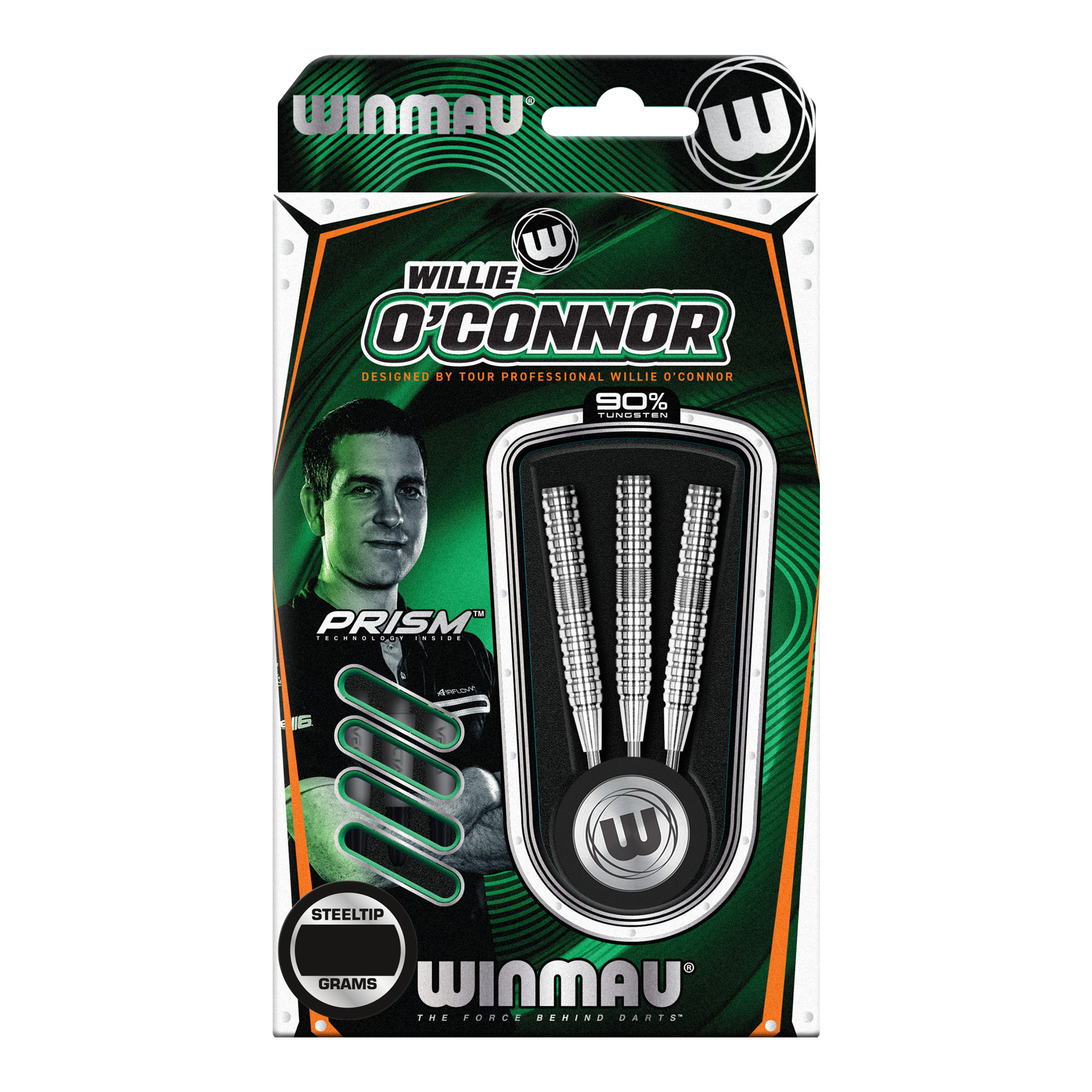 Fléchettes en acier Winmau Willie O'Connor - 23 g Die Verpackung zeigt die Winmau Willie O’Connor Steeldarts mit einem Gewicht von 23 Gramm. Im Inneren sind drei silberne Steeldarts zu sehen.
