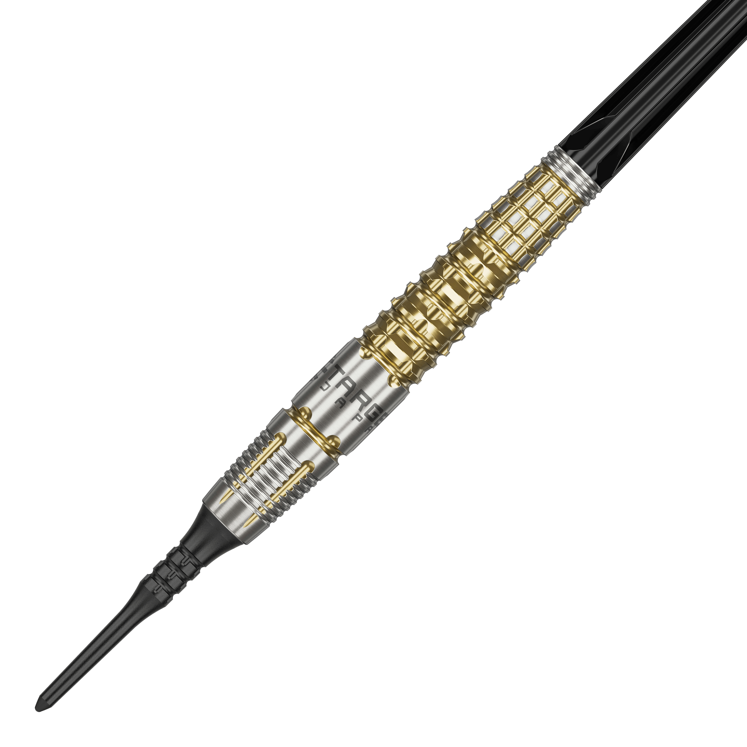 Fléchettes souples Target Japan Black Marque Warrior - 18,5 g Das Bild zeigt einen Softdart namens "Target Japan Black Marque Warrior" mit einem Gewicht von 18,5g. Der Dart hat ein auffälliges Design mit goldenen und silbernen Elementen sowie einer schwarzen Spitze.