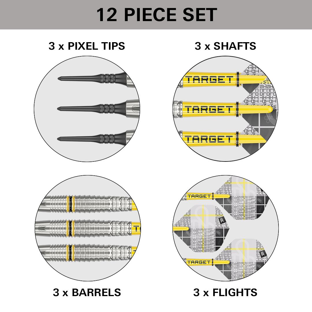 Fléchettes souples Target Scott Williams GEN2 - 18 g Das Bild zeigt ein 12-teiliges Softdart-Set mit dem Namen "Target Scott Williams GEN2 Softdarts - 18g". Es enthält 3 Pixelspitzen, 3 Schäfte, 3 Barrels und 3 Flights.